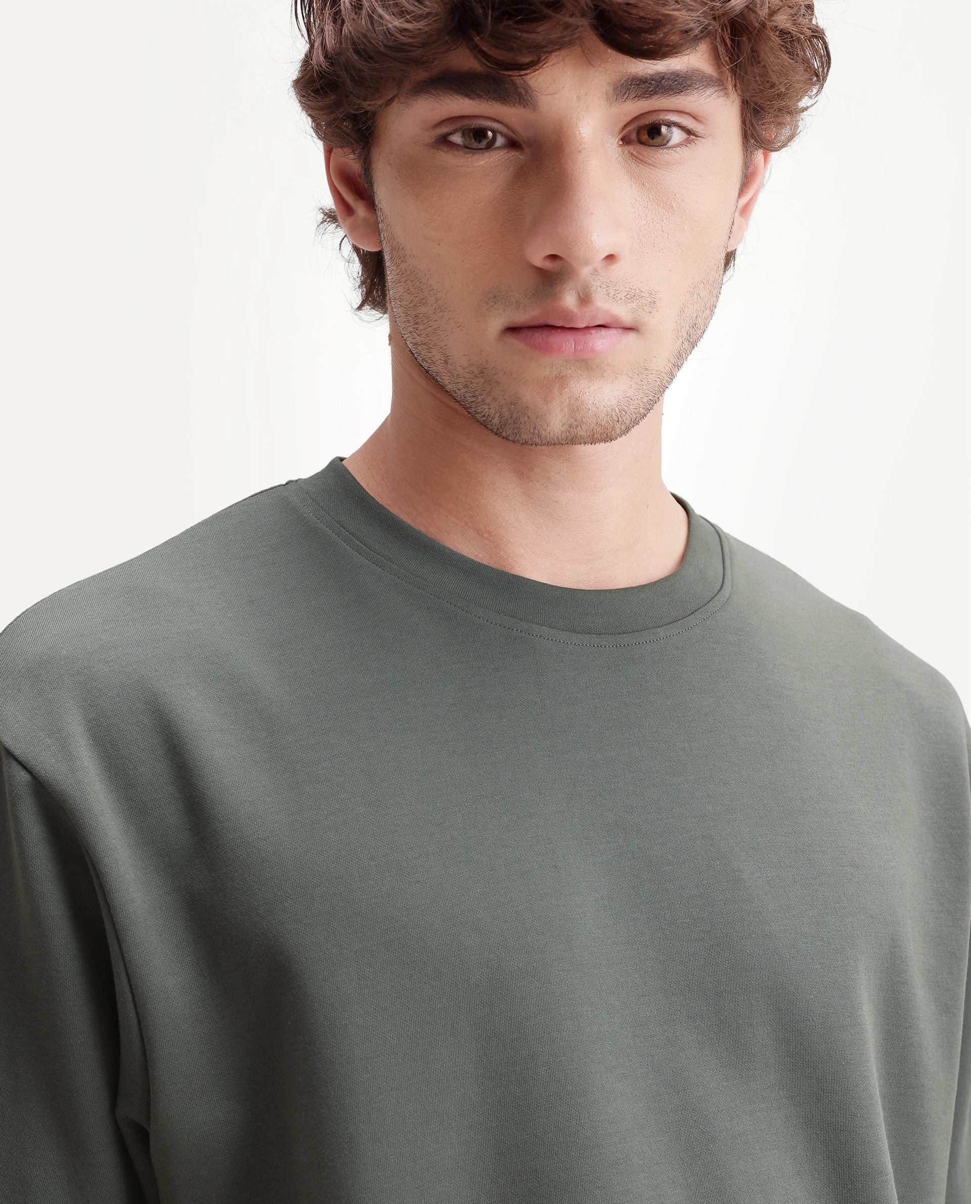 Rare Rabbit Men's Qlo-A26 Olive Cotton Blend Crew Neck Qlo Plain T-Shirt