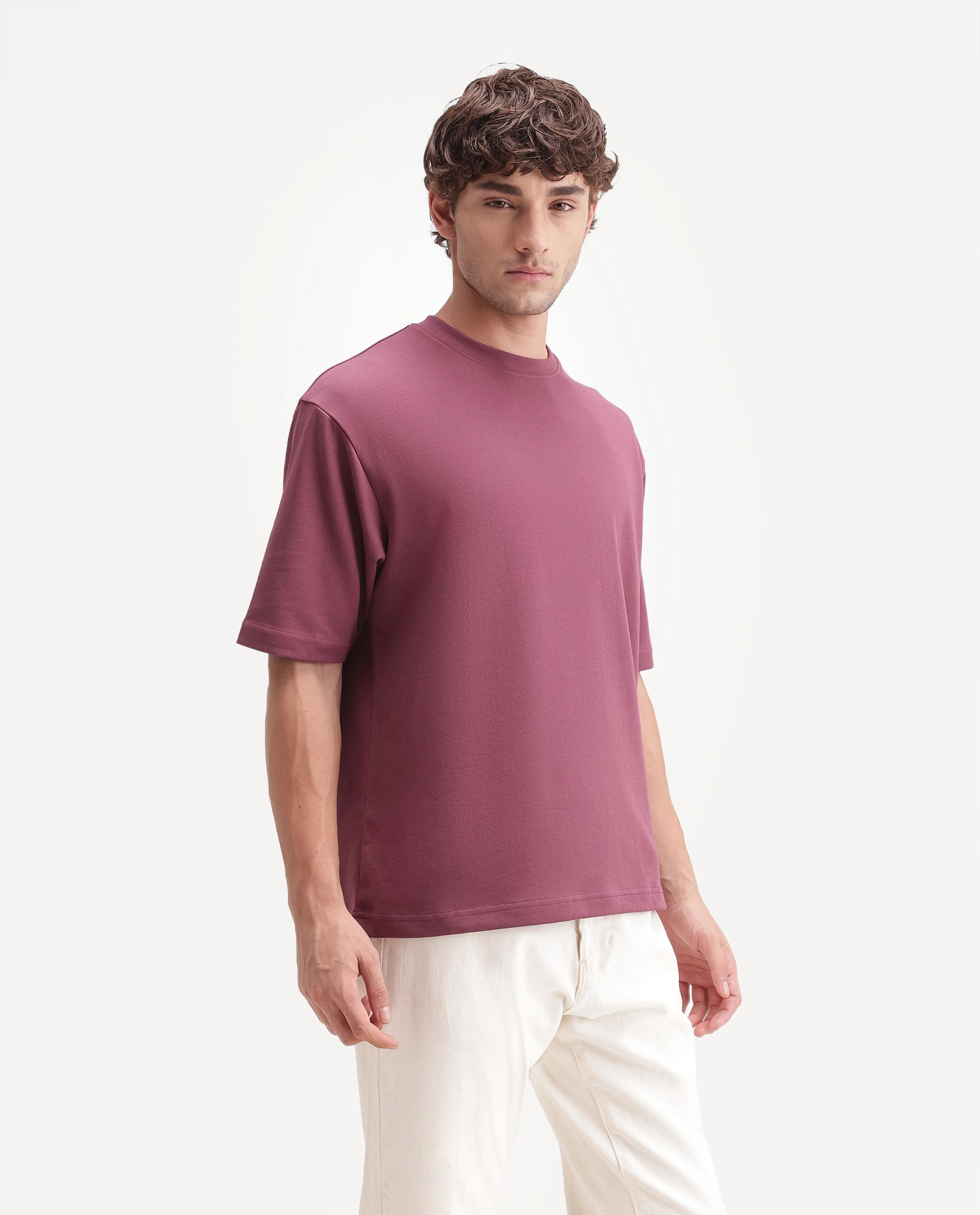 Rare Rabbit Men's Qlo-A26 Dusky Pink Cotton Blend Crew Neck Qlo Plain T-Shirt