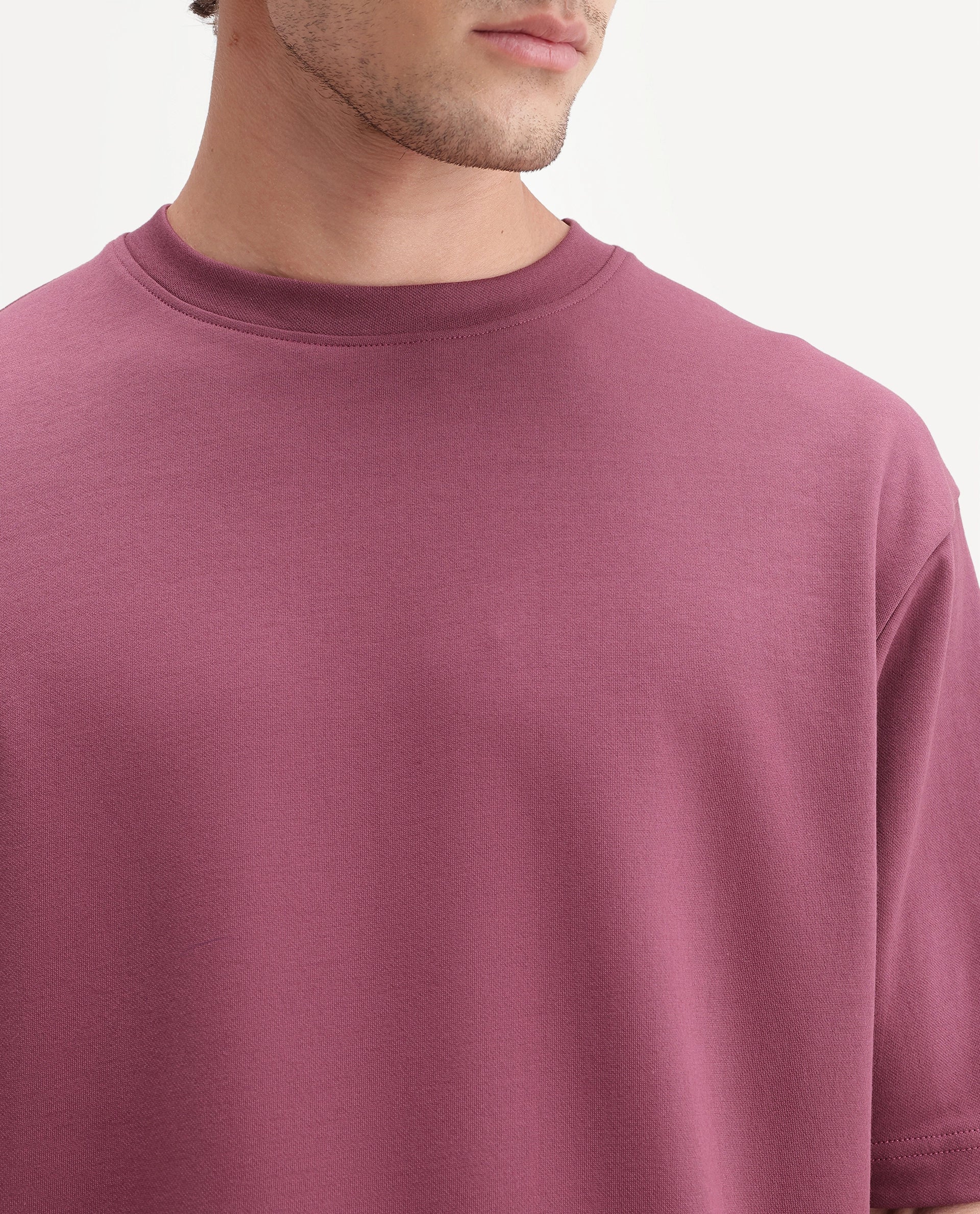 Rare Rabbit Men's Qlo-A26 Dusky Pink Cotton Blend Crew Neck Qlo Plain T-Shirt