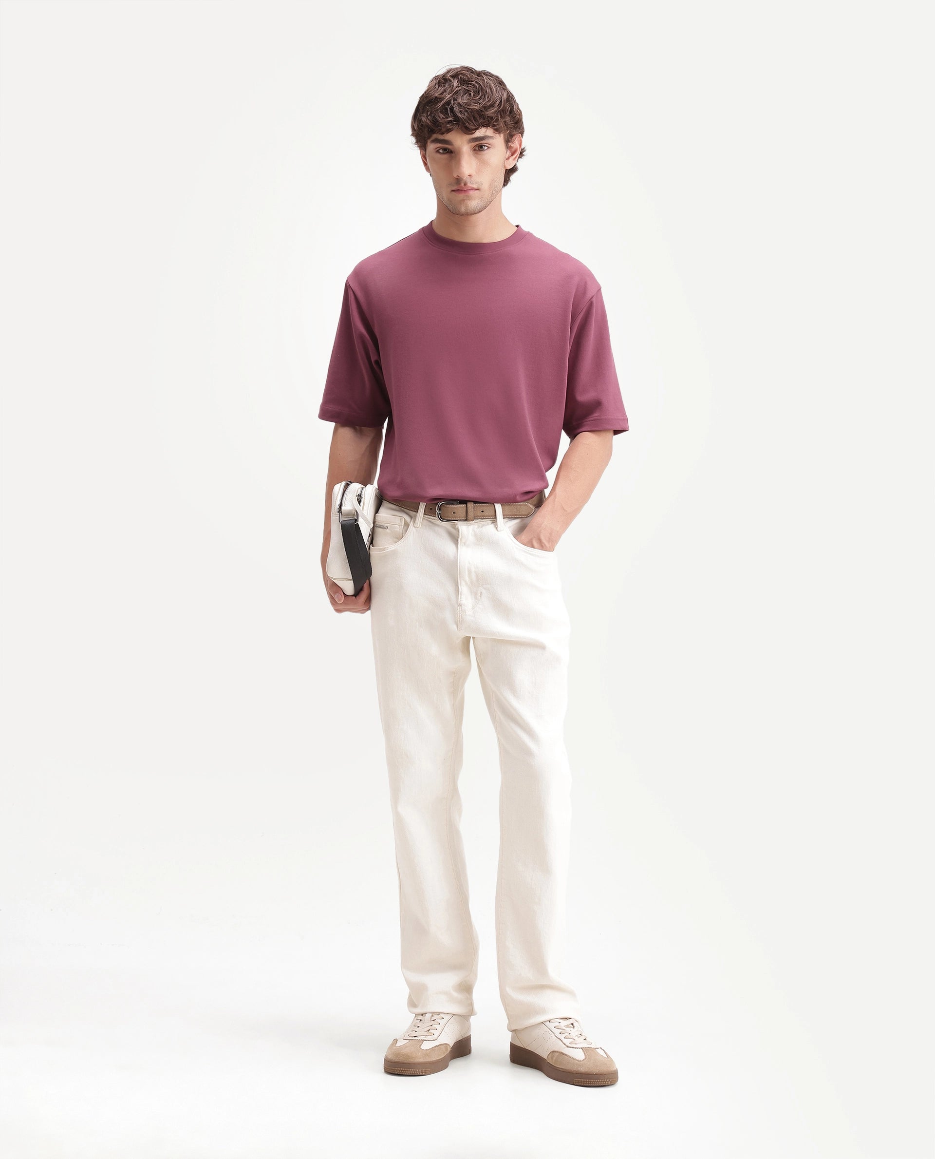 Rare Rabbit Men's Qlo-A26 Dusky Pink Cotton Blend Crew Neck Qlo Plain T-Shirt