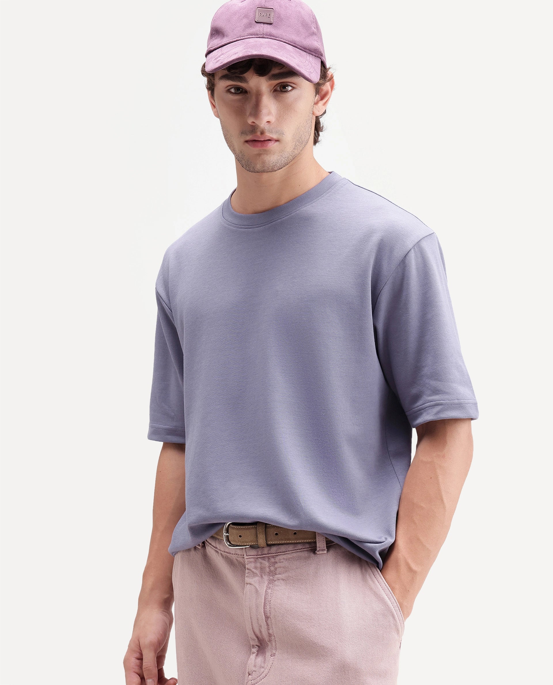 Rare Rabbit Men's Qlo-A26 Dusky Purple Cotton Blend Crew Neck Qlo Plain T-Shirt
