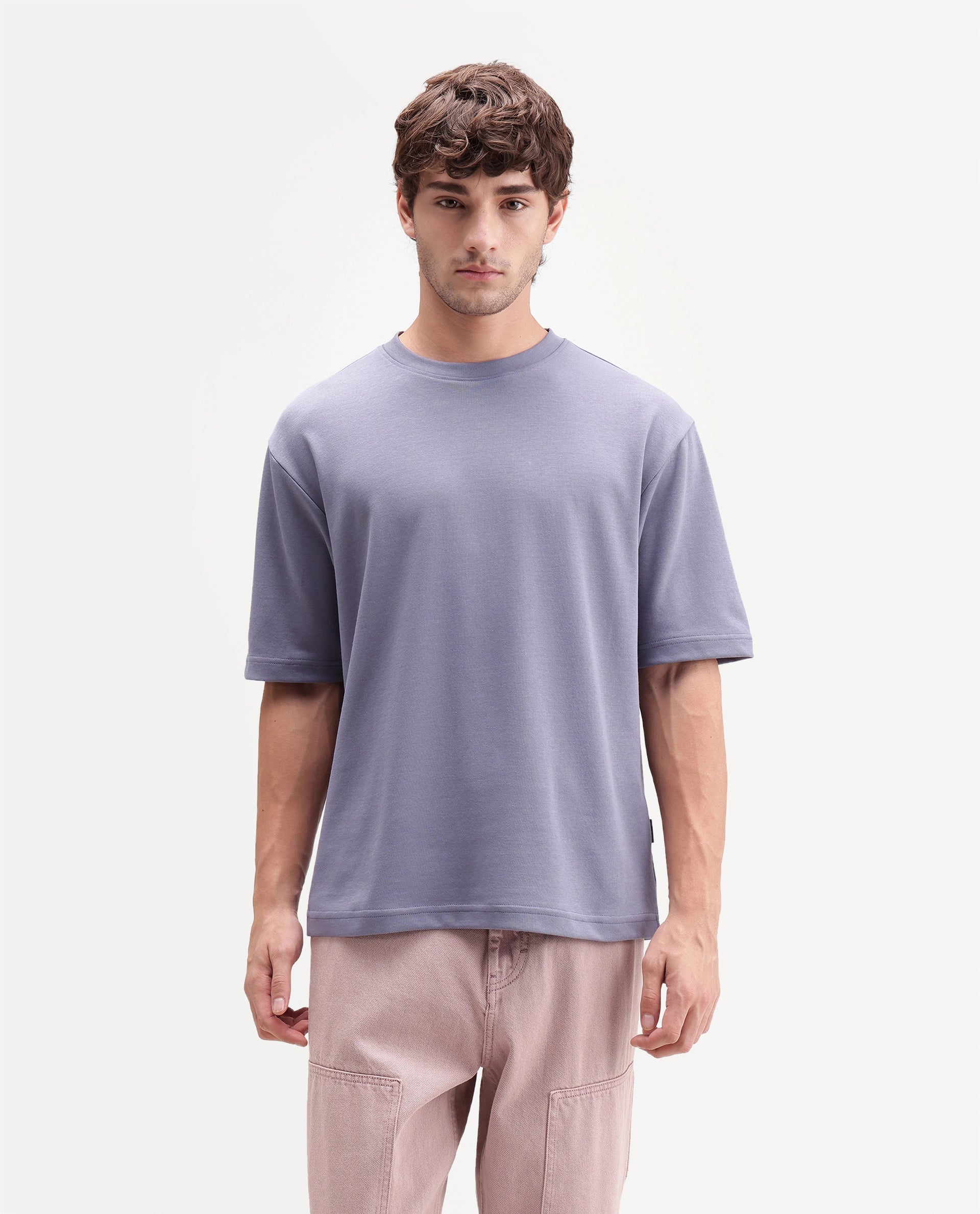 Rare Rabbit Men's Qlo-A26 Dusky Purple Cotton Blend Crew Neck Qlo Plain T-Shirt