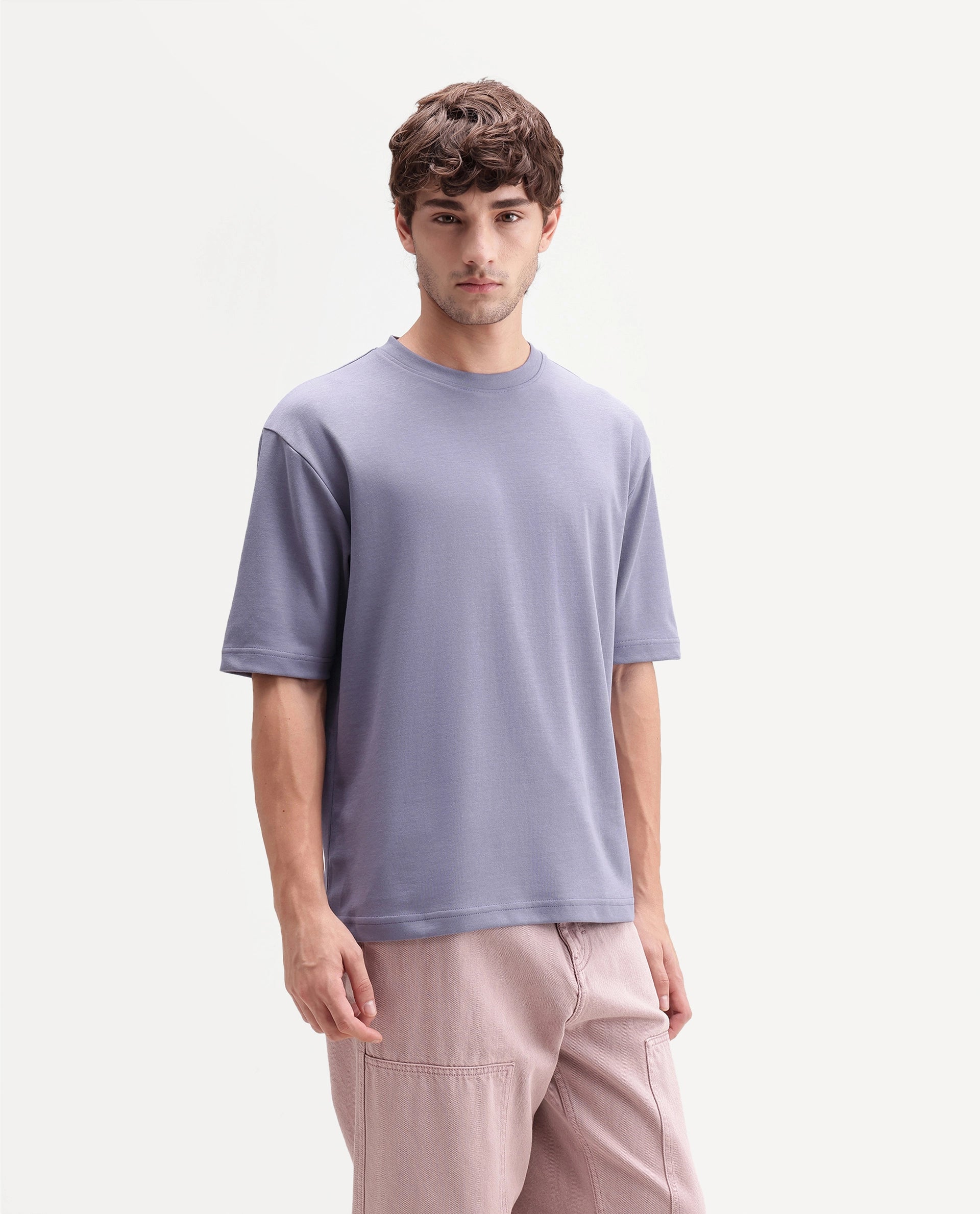 Rare Rabbit Men's Qlo-A26 Dusky Purple Cotton Blend Crew Neck Qlo Plain T-Shirt