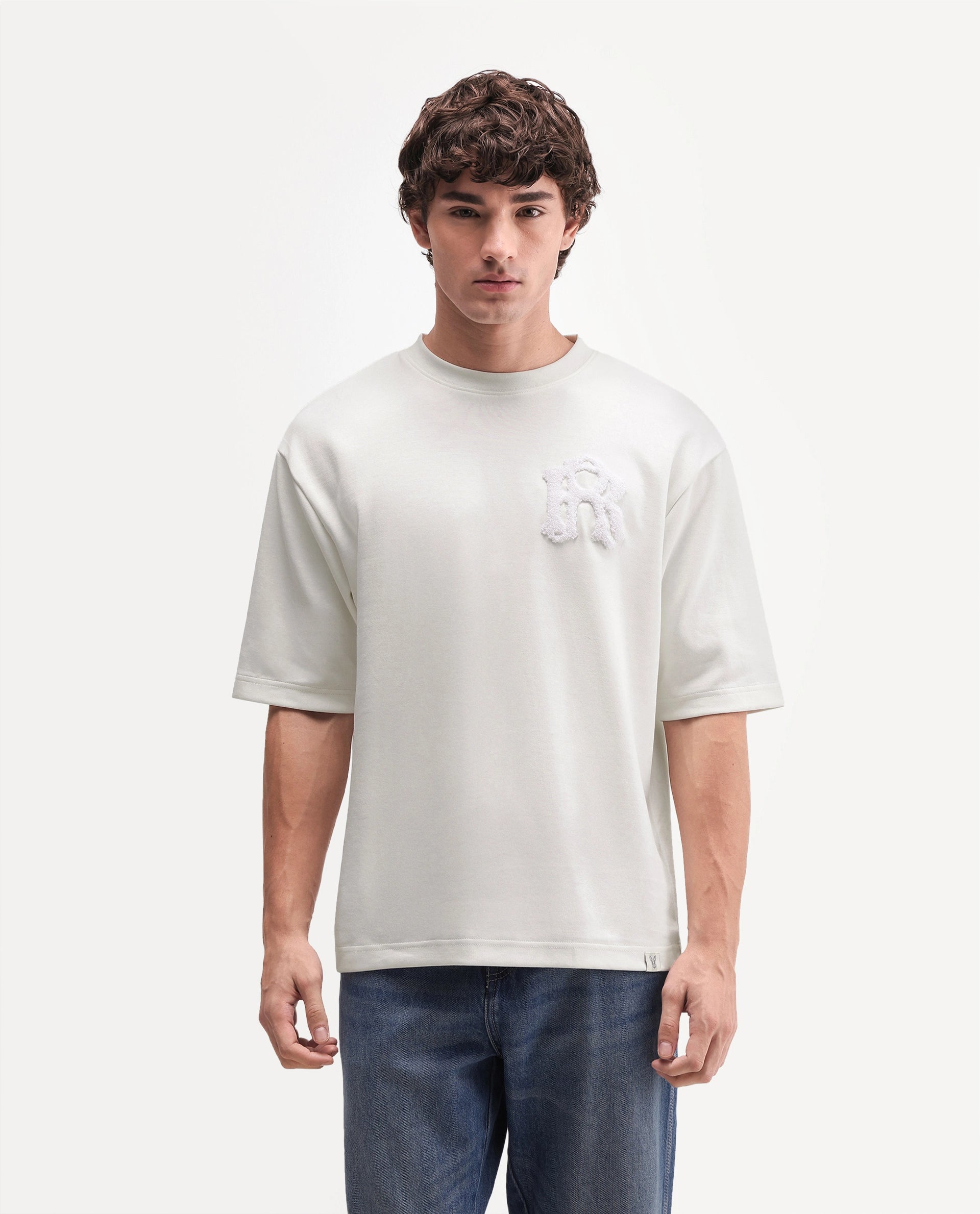 Rare Rabbit Men's Cole Primary Off White Cotton Blend Crew Neck Oversized Embroidered T-Shirt