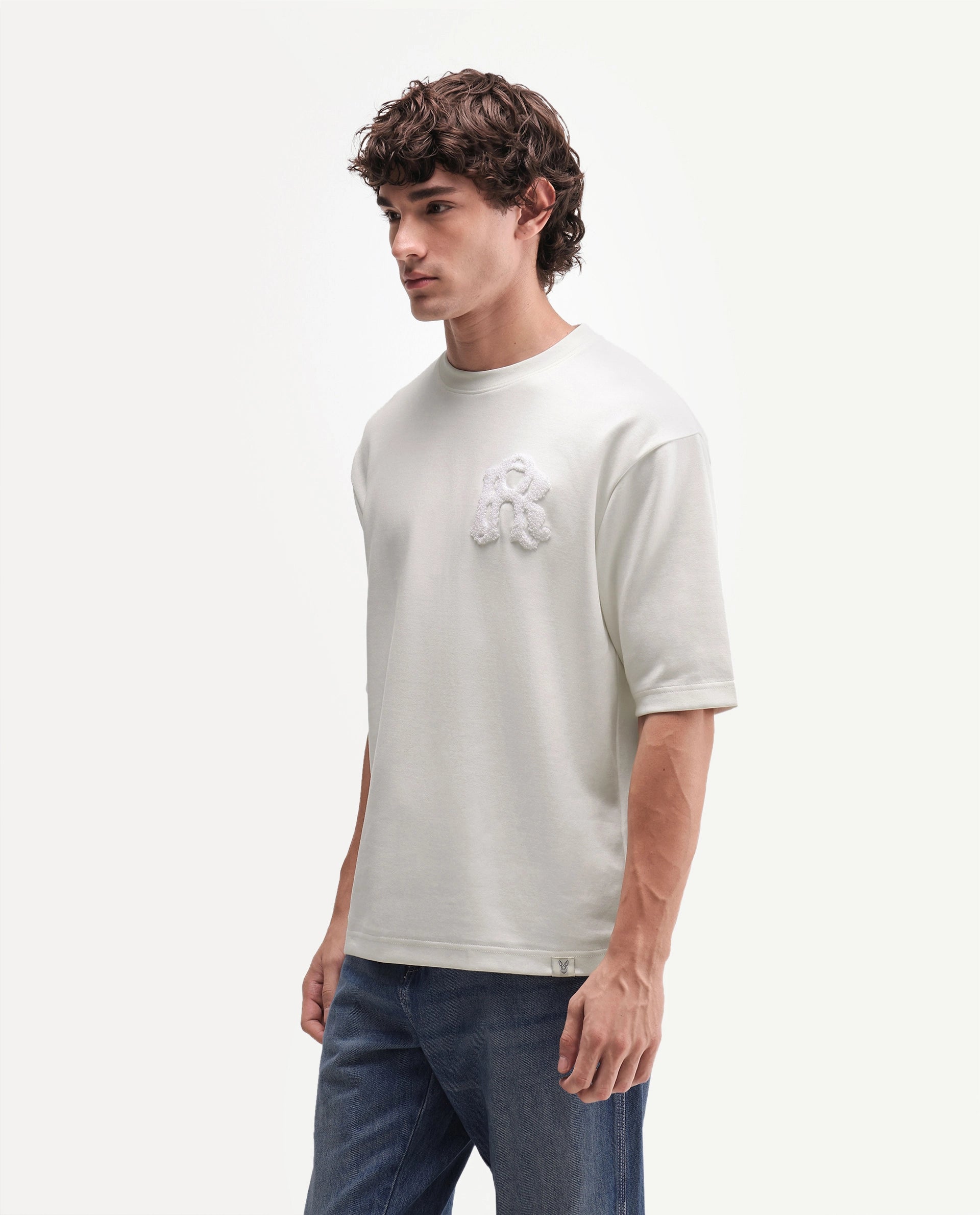 Rare Rabbit Men's Cole Primary Off White Cotton Blend Crew Neck Oversized Embroidered T-Shirt
