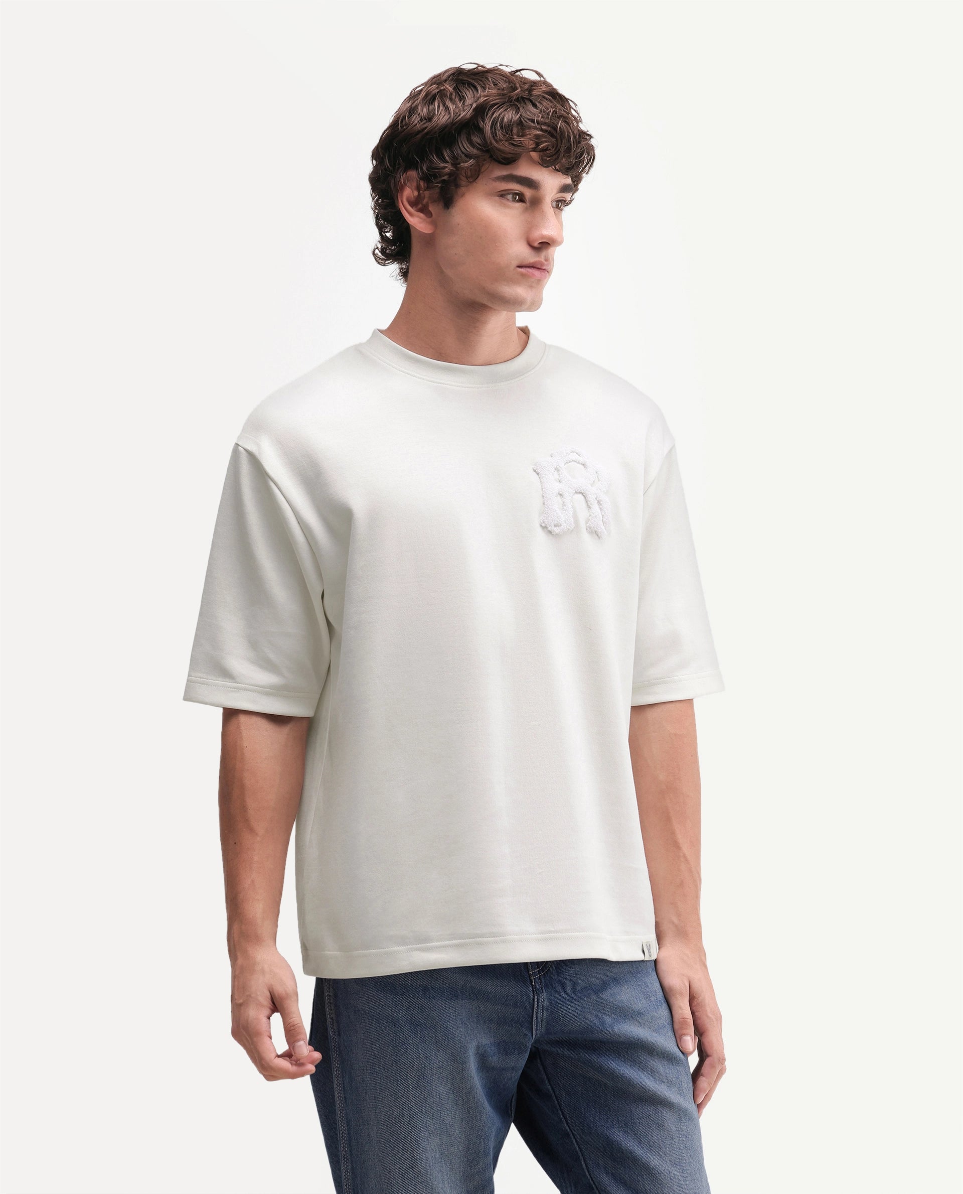 Rare Rabbit Men's Cole Primary Off White Cotton Blend Crew Neck Oversized Embroidered T-Shirt
