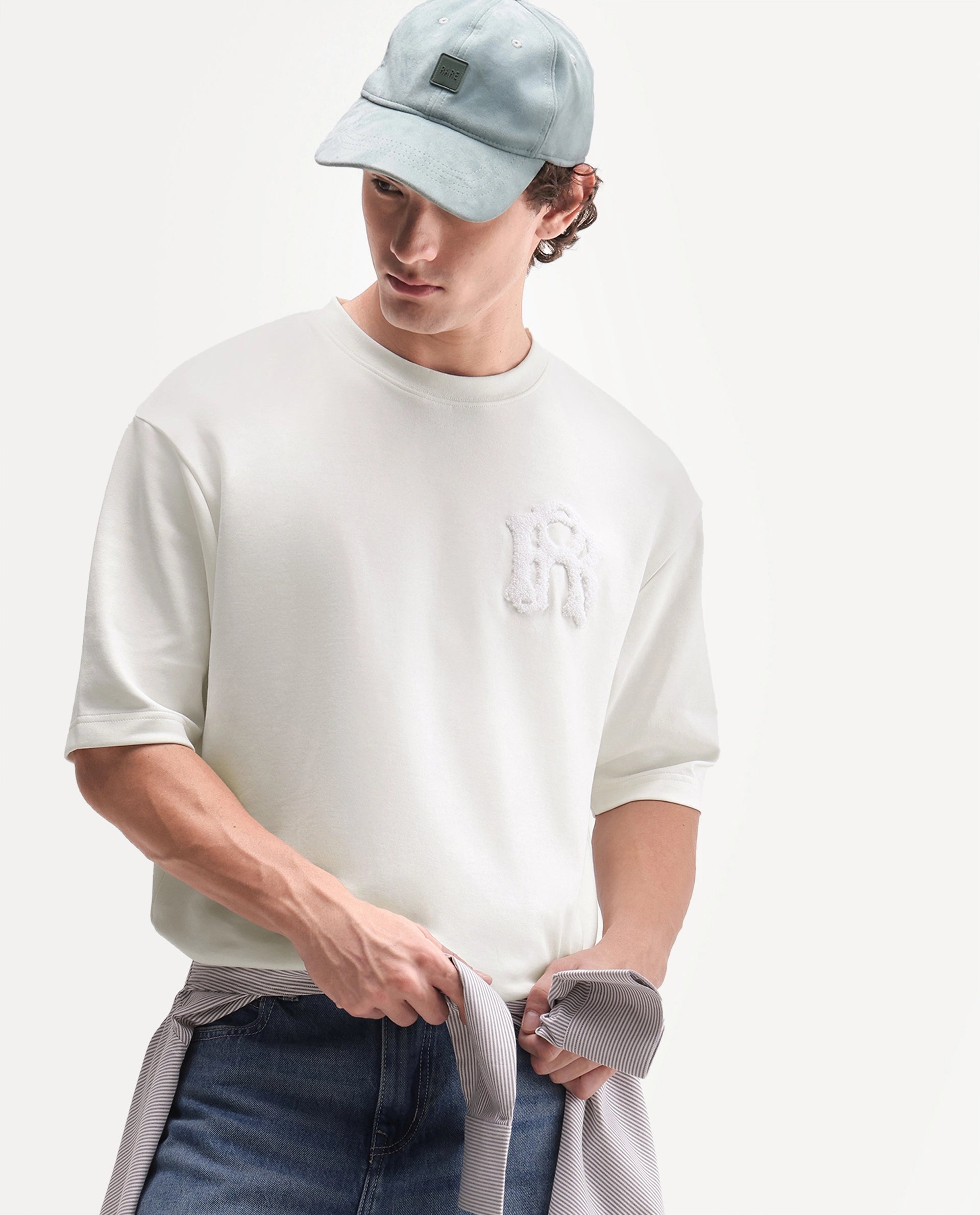 Rare Rabbit Men's Cole Primary Off White Cotton Blend Crew Neck Oversized Embroidered T-Shirt