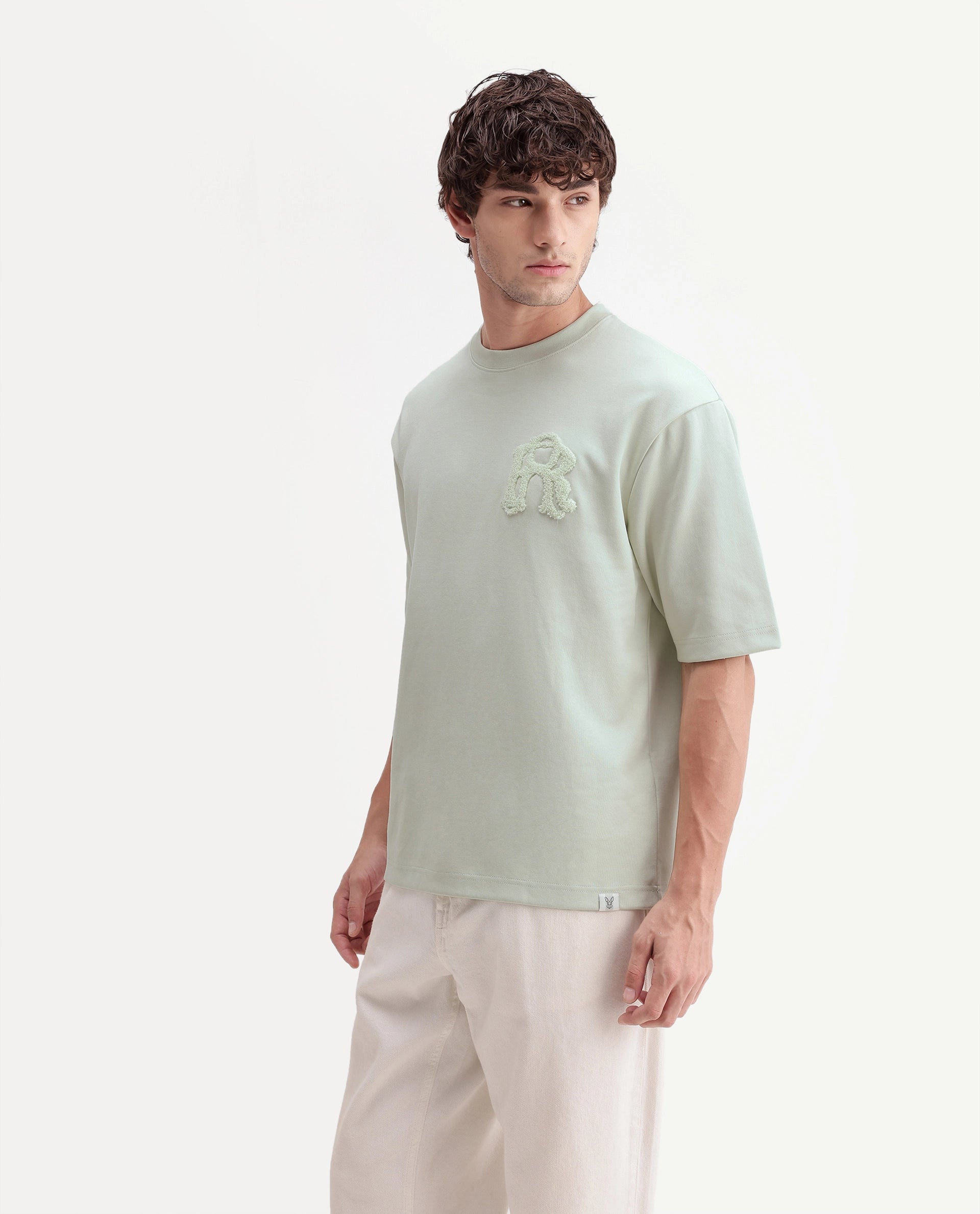 Rare Rabbit Men's Cole Light Green Cotton Blend Crew Neck Oversized Embroidered T-Shirt