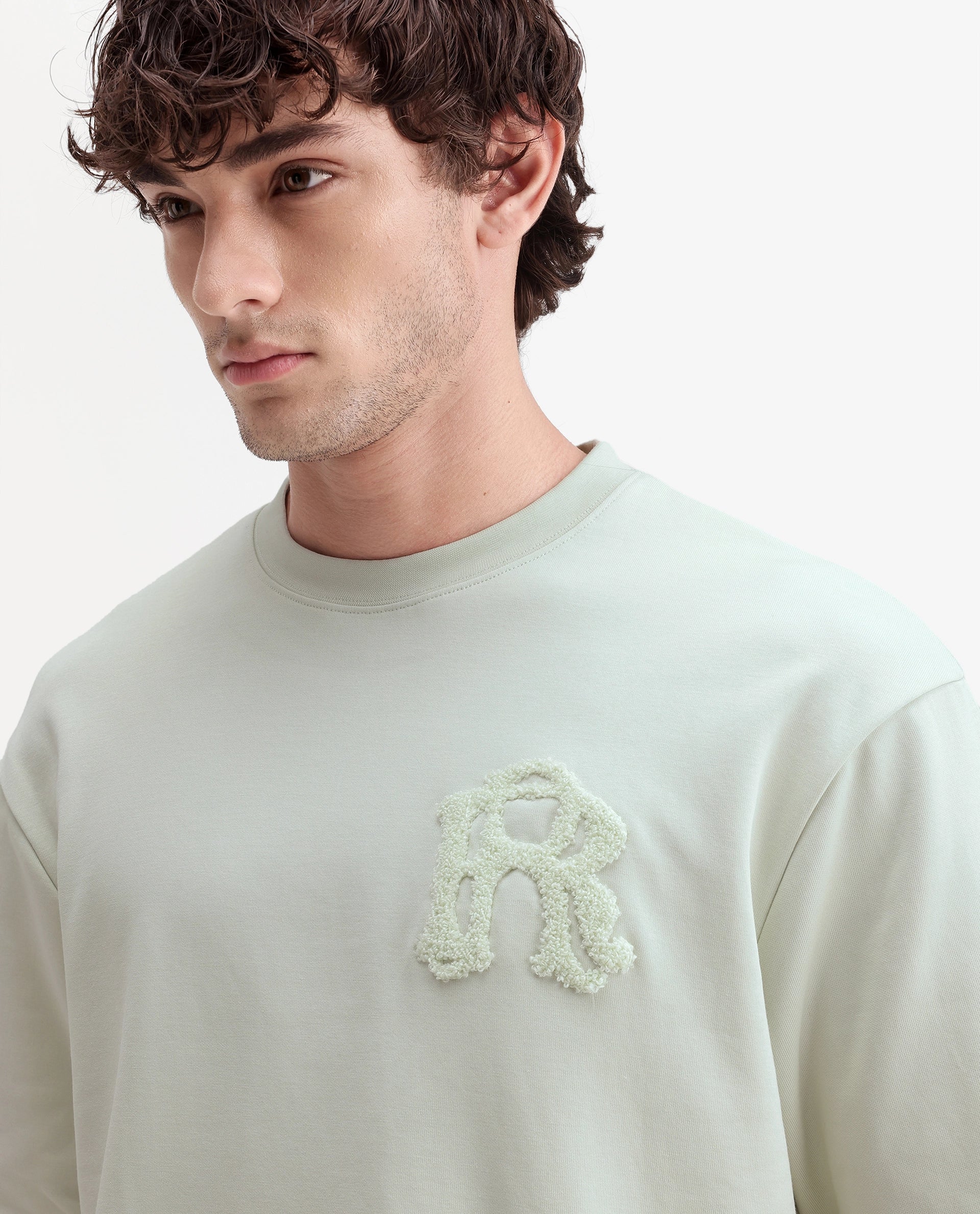 Rare Rabbit Men's Cole Light Green Cotton Blend Crew Neck Oversized Embroidered T-Shirt