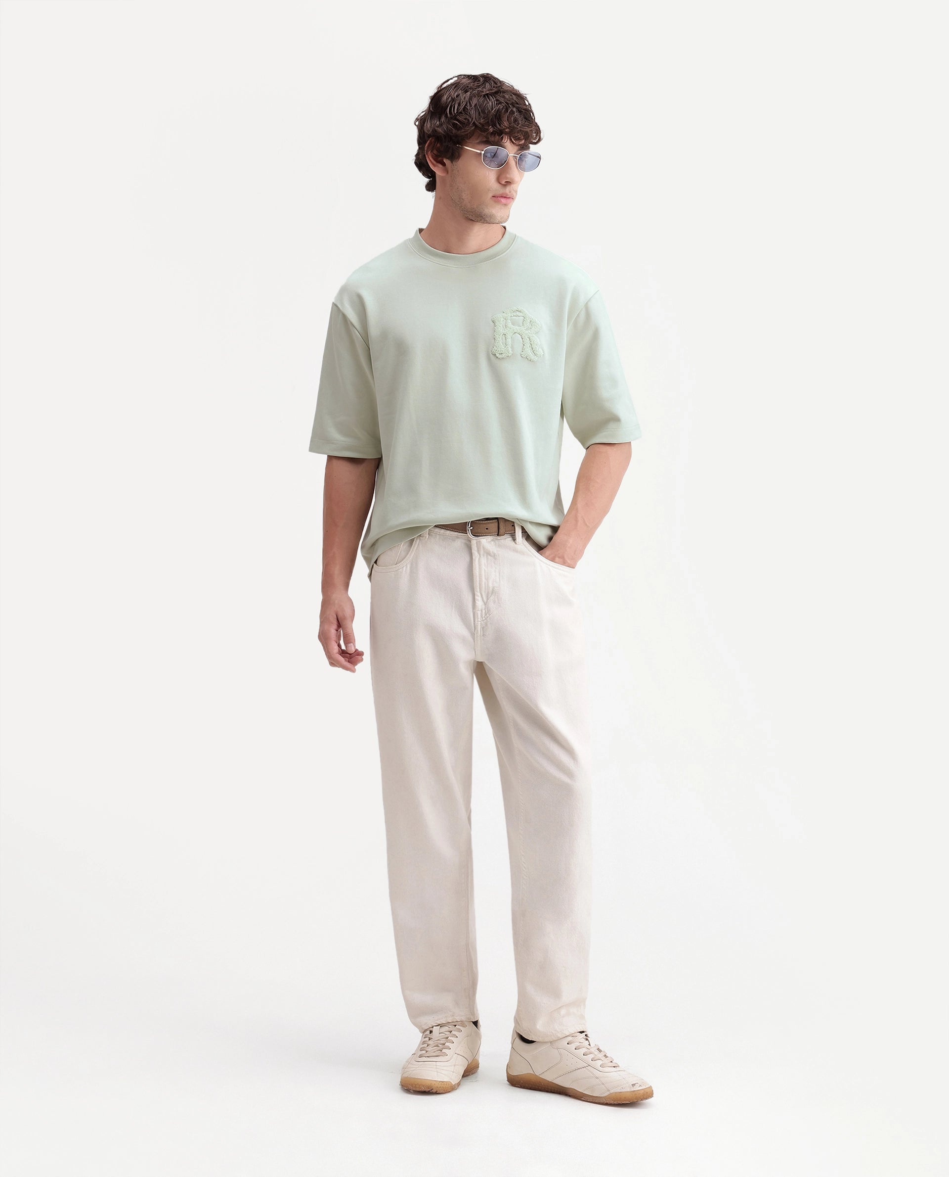 Rare Rabbit Men's Cole Light Green Cotton Blend Crew Neck Oversized Embroidered T-Shirt