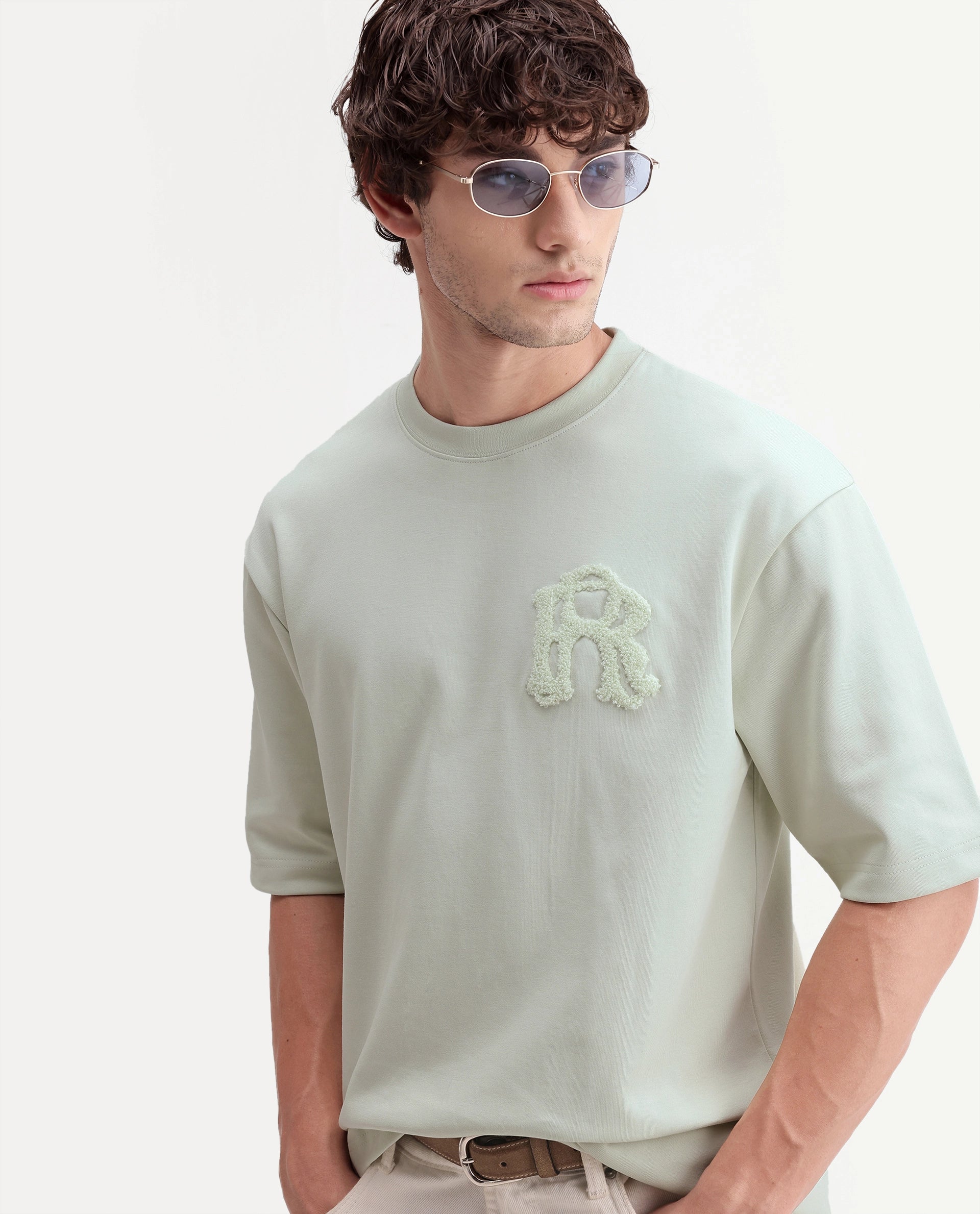 Rare Rabbit Men's Cole Light Green Cotton Blend Crew Neck Oversized Embroidered T-Shirt