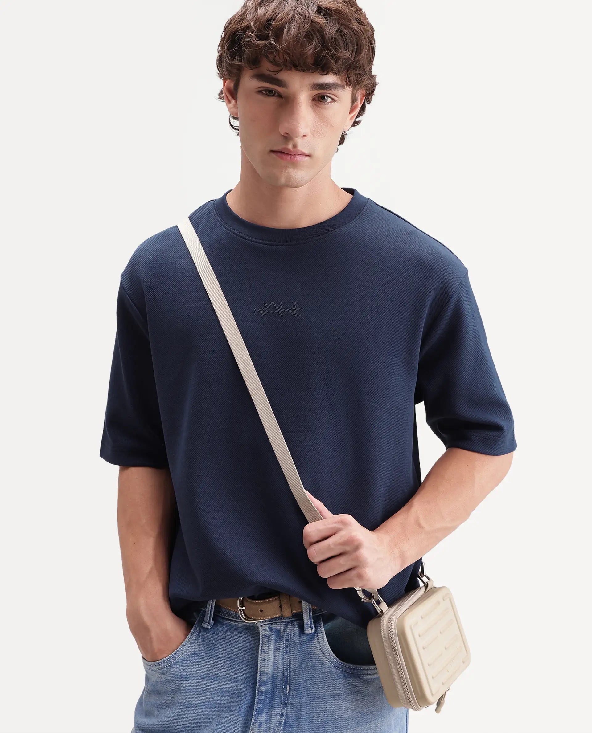 Rare Rabbit Men's Spel Navy Cotton Blend Crew Neck Qlo Fit Plain T-Shirt