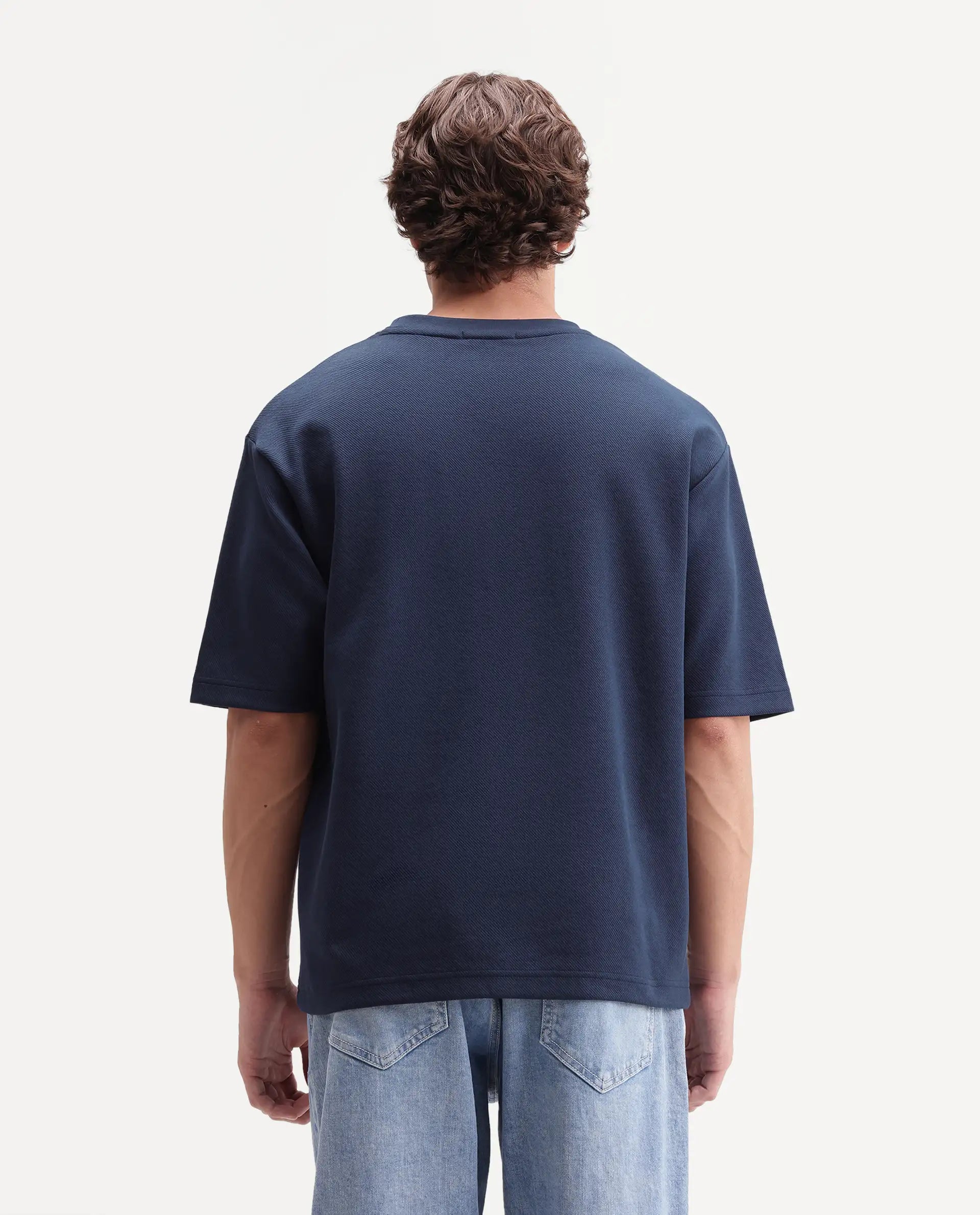 Rare Rabbit Men's Spel Navy Cotton Blend Crew Neck Qlo Fit Plain T-Shirt
