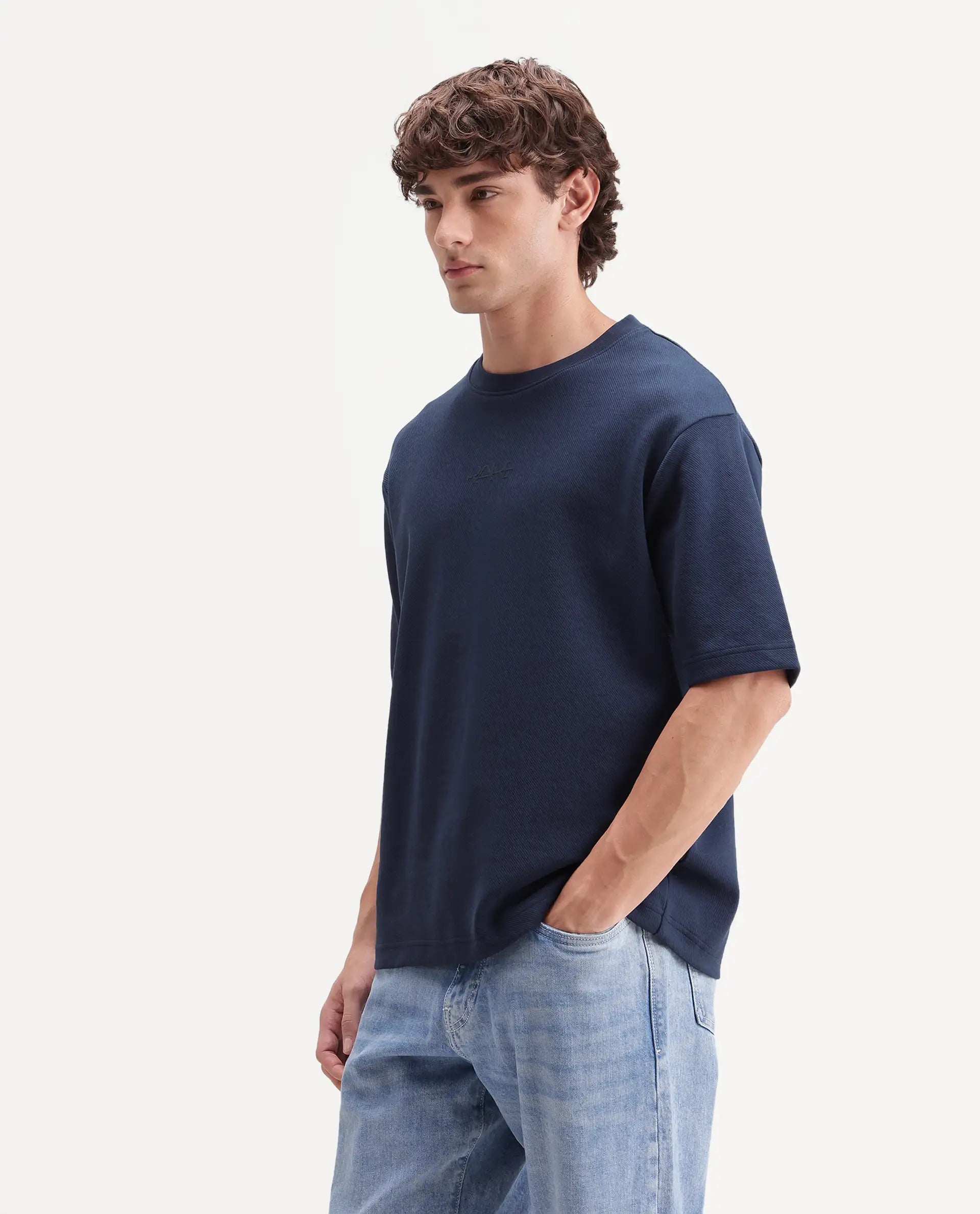 Rare Rabbit Men's Spel Navy Cotton Blend Crew Neck Qlo Fit Plain T-Shirt