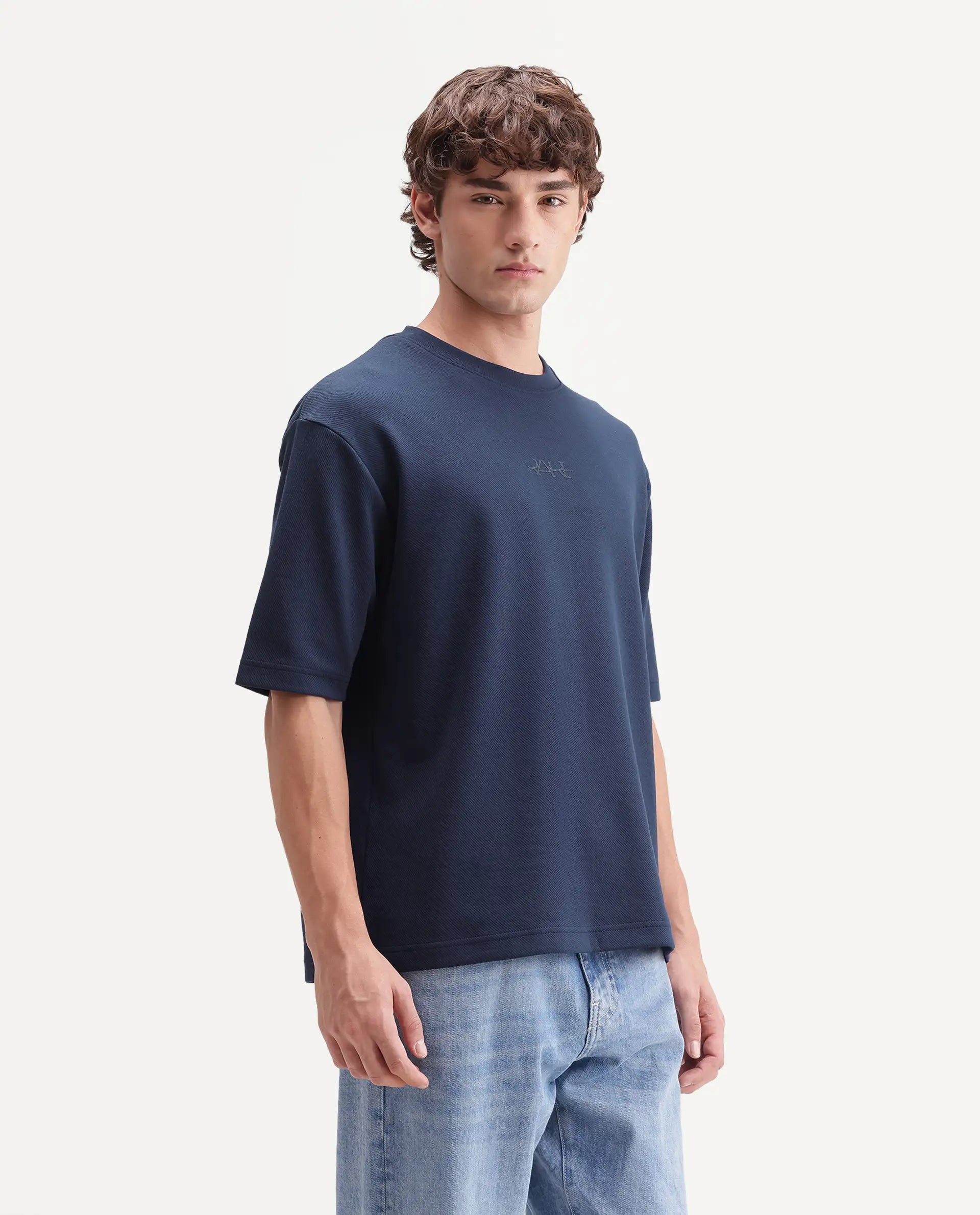 Rare Rabbit Men's Spel Navy Cotton Blend Crew Neck Qlo Fit Plain T-Shirt