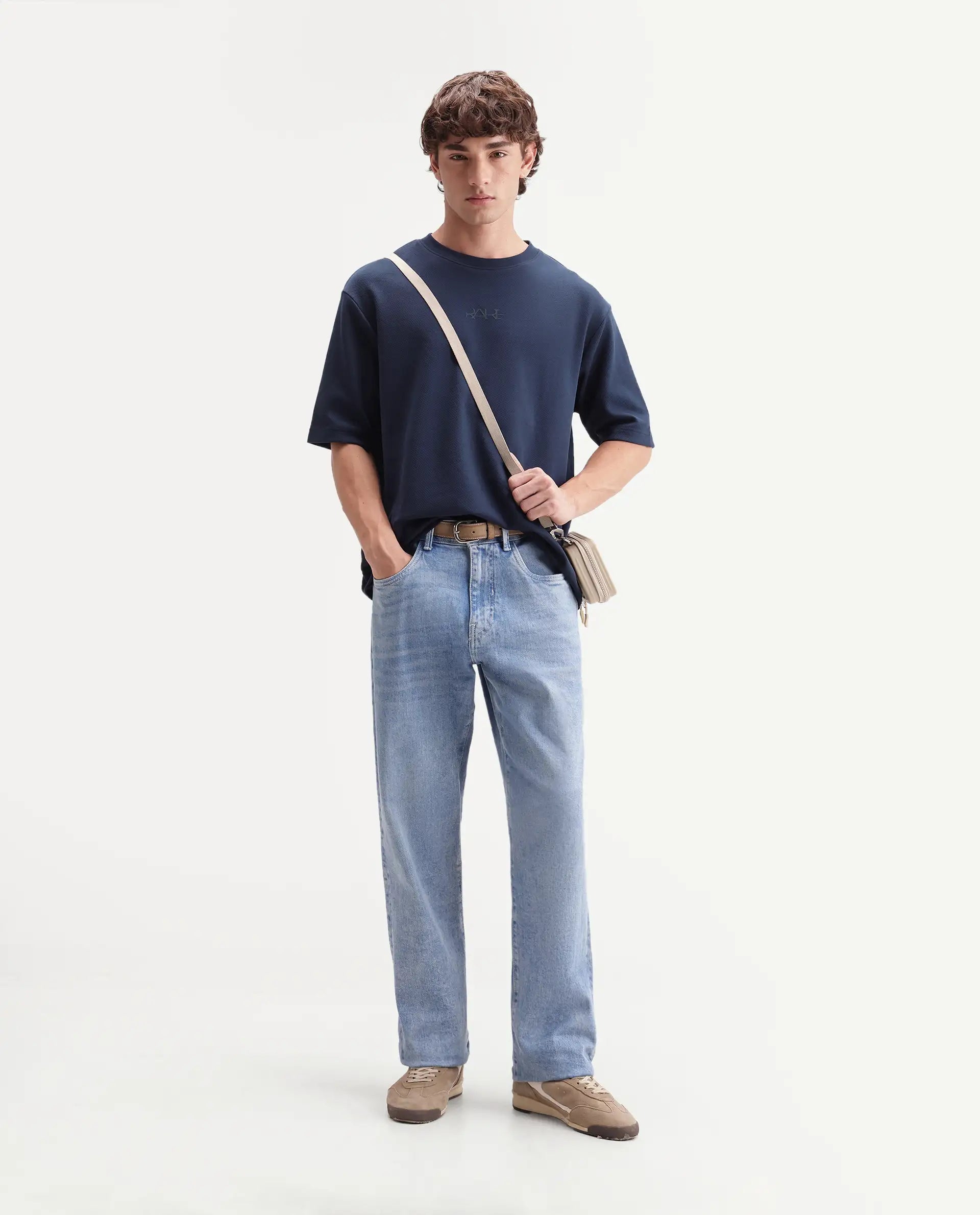 Rare Rabbit Men's Spel Navy Cotton Blend Crew Neck Qlo Fit Plain T-Shirt