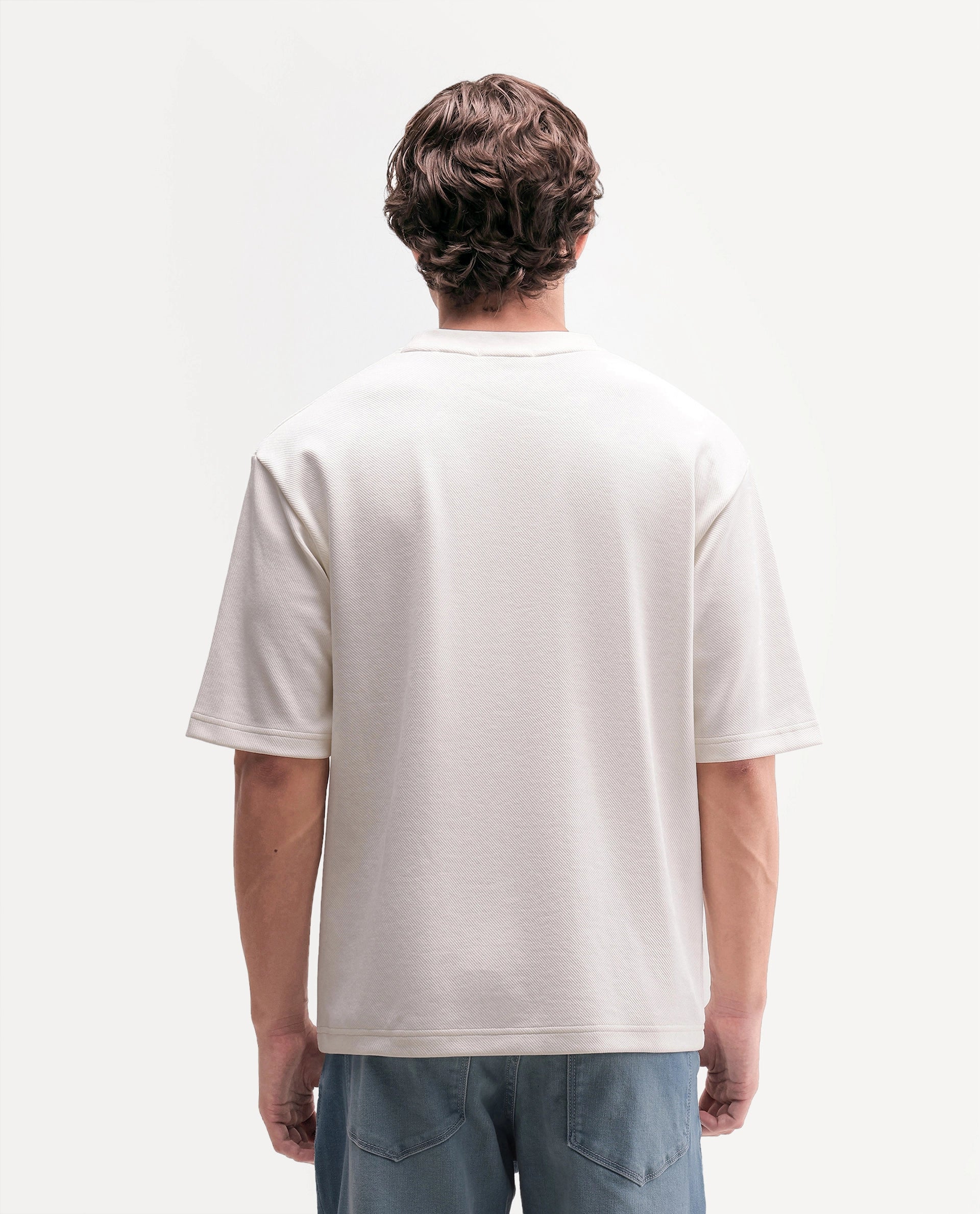 Rare Rabbit Men's Spel Off White Cotton Blend Crew Neck Qlo Fit Plain T-Shirt