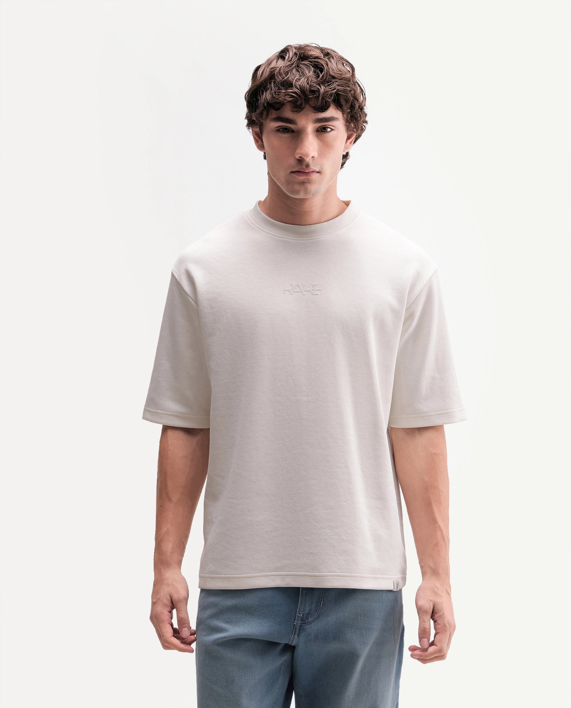 Rare Rabbit Men's Spel Off White Cotton Blend Crew Neck Qlo Fit Plain T-Shirt