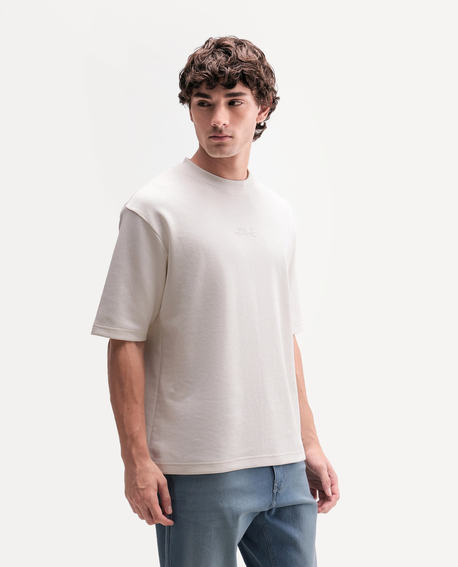 Rare Rabbit Men's Spel Off White Cotton Blend Crew Neck Qlo Fit Plain T-Shirt