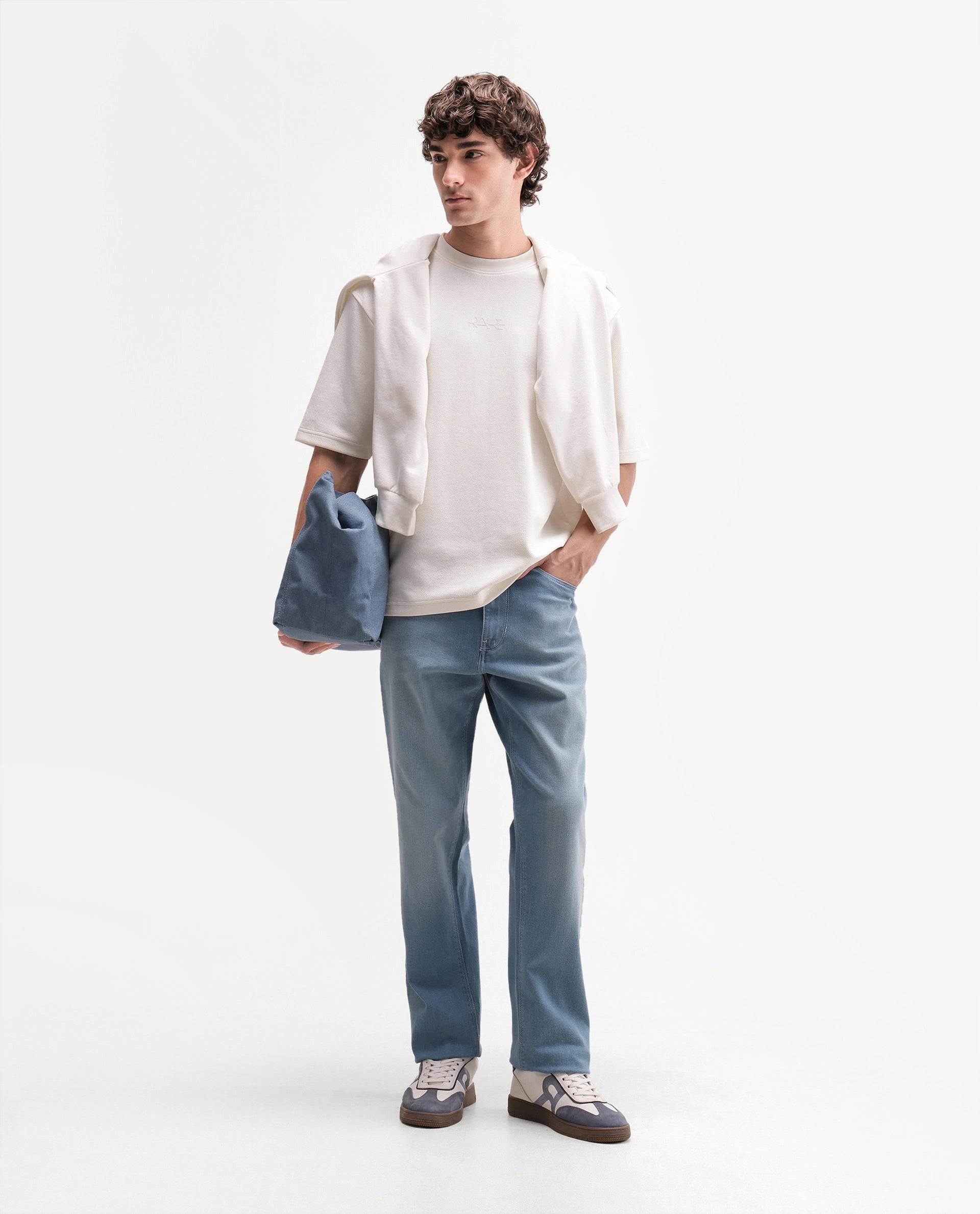 Rare Rabbit Men's Spel Off White Cotton Blend Crew Neck Qlo Fit Plain T-Shirt