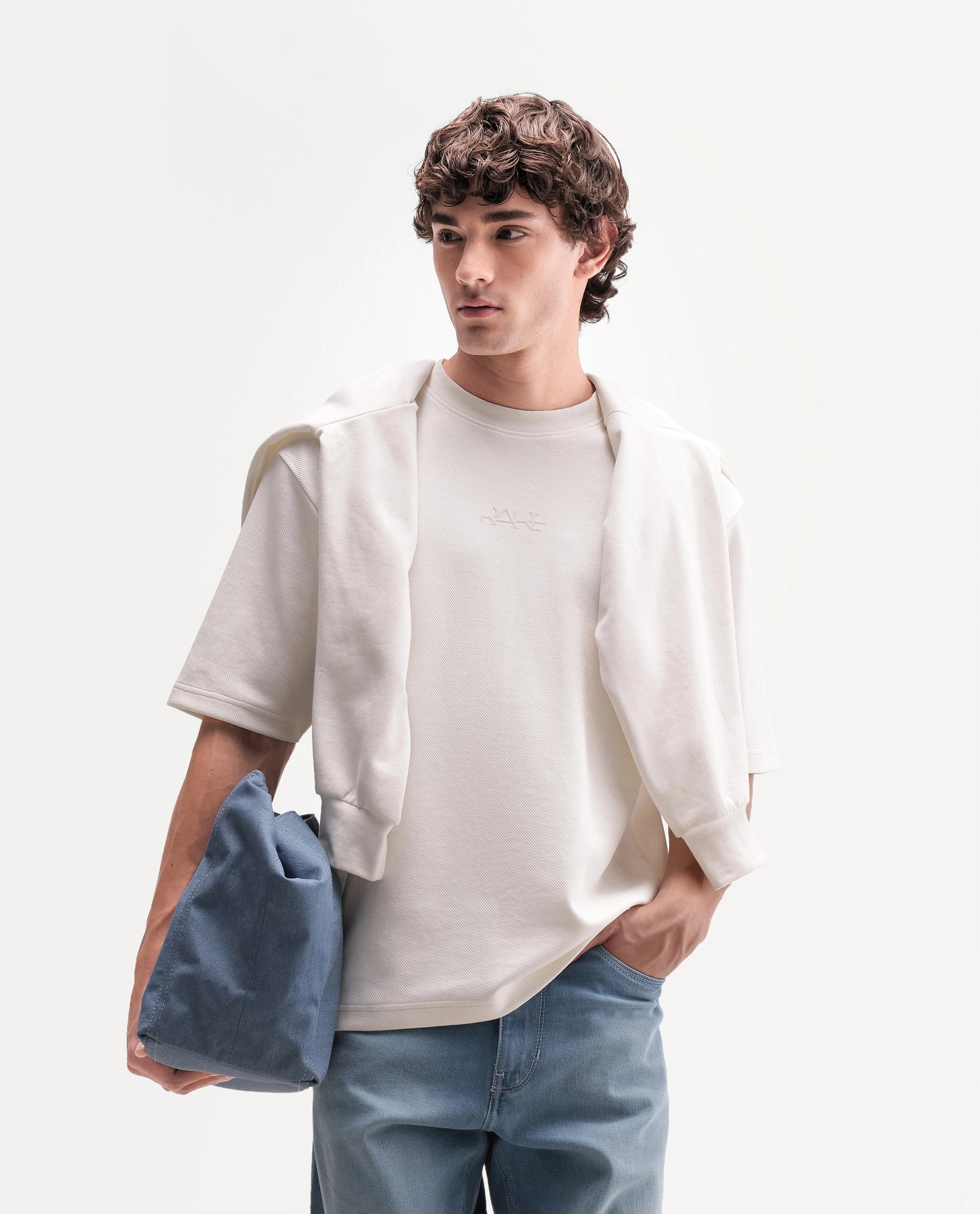 Rare Rabbit Men's Spel Off White Cotton Blend Crew Neck Qlo Fit Plain T-Shirt