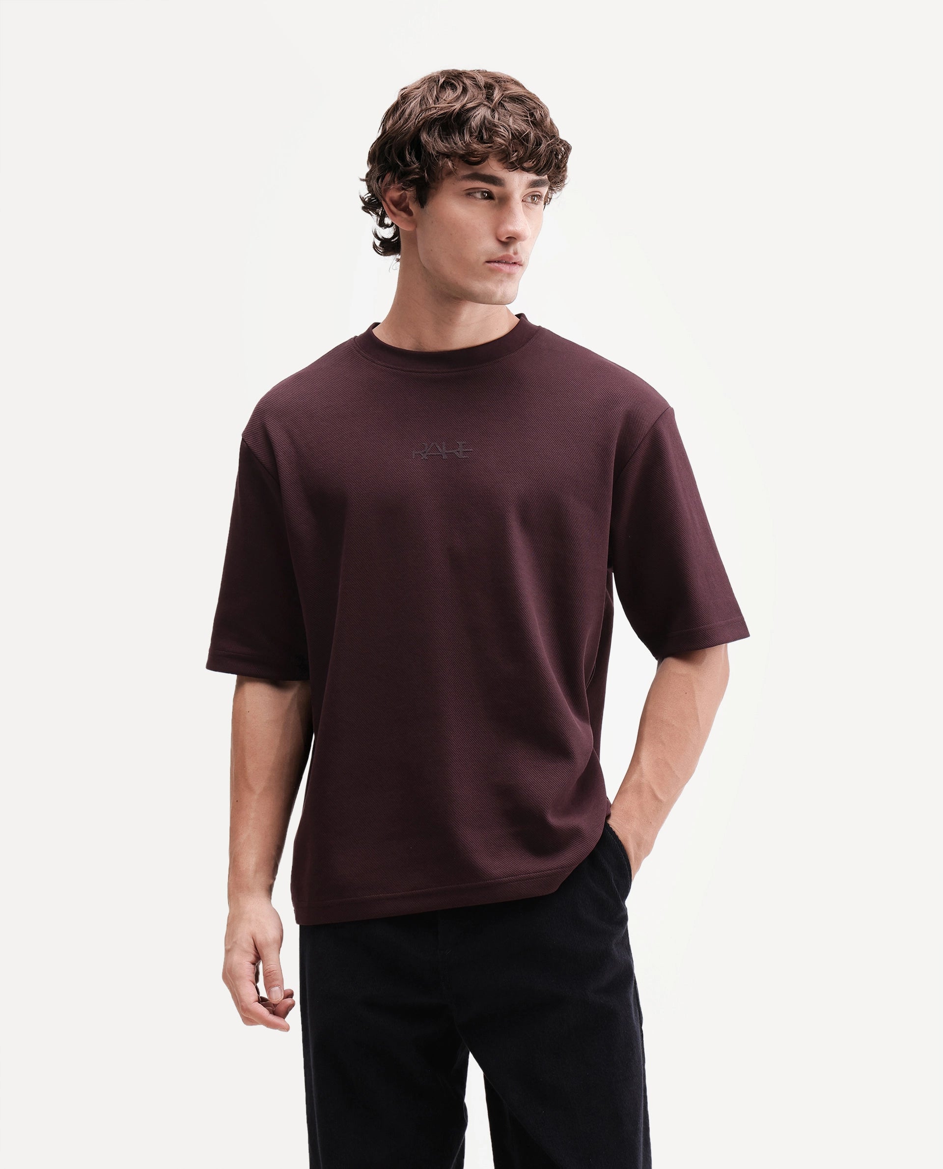 Rare Rabbit Men's Spel Dark Maroon Cotton Blend Crew Neck Qlo Fit Plain T-Shirt