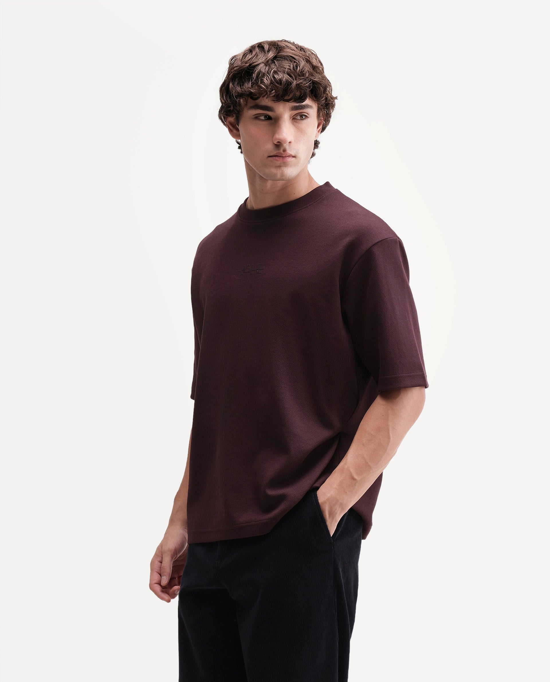 Rare Rabbit Men's Spel Dark Maroon Cotton Blend Crew Neck Qlo Fit Plain T-Shirt