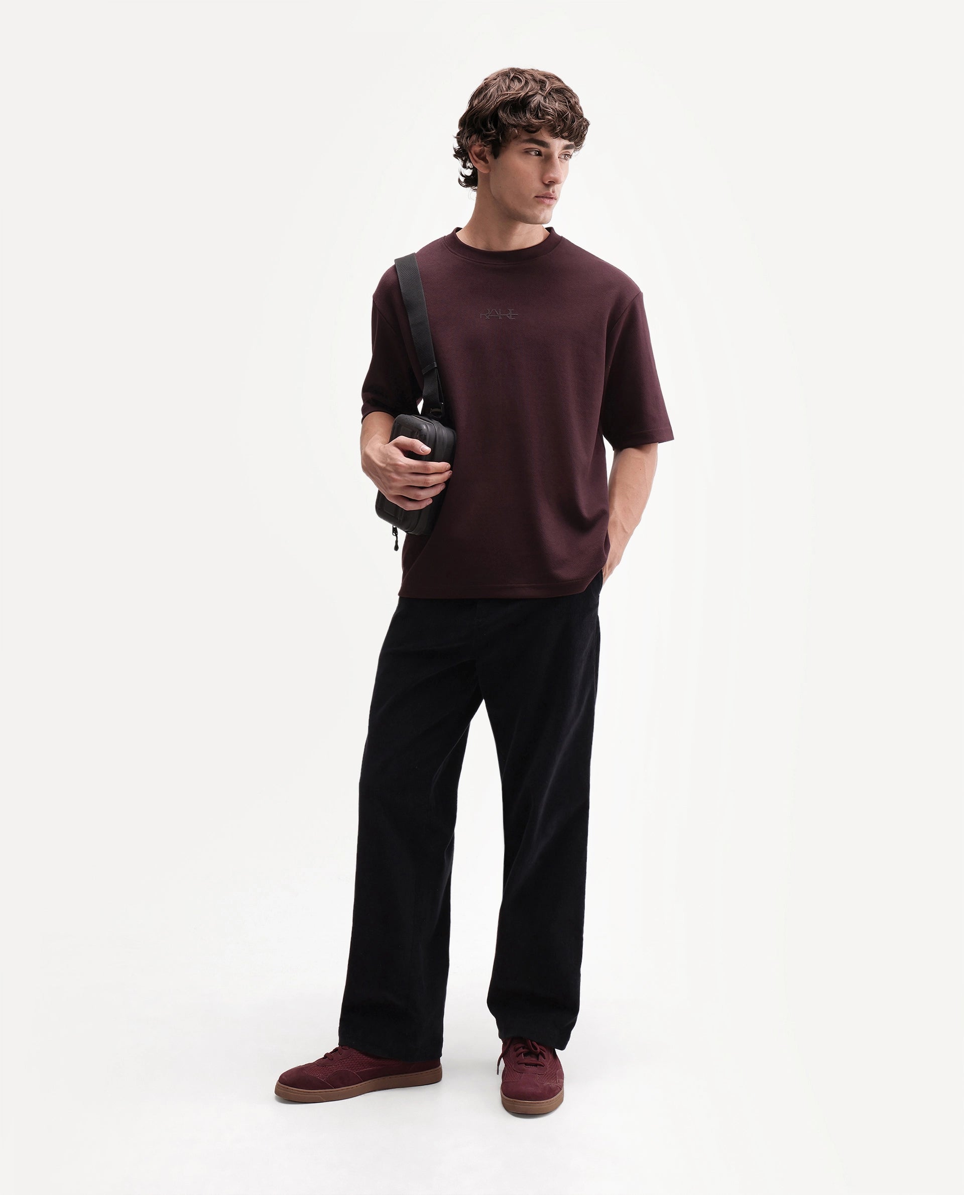 Rare Rabbit Men's Spel Dark Maroon Cotton Blend Crew Neck Qlo Fit Plain T-Shirt