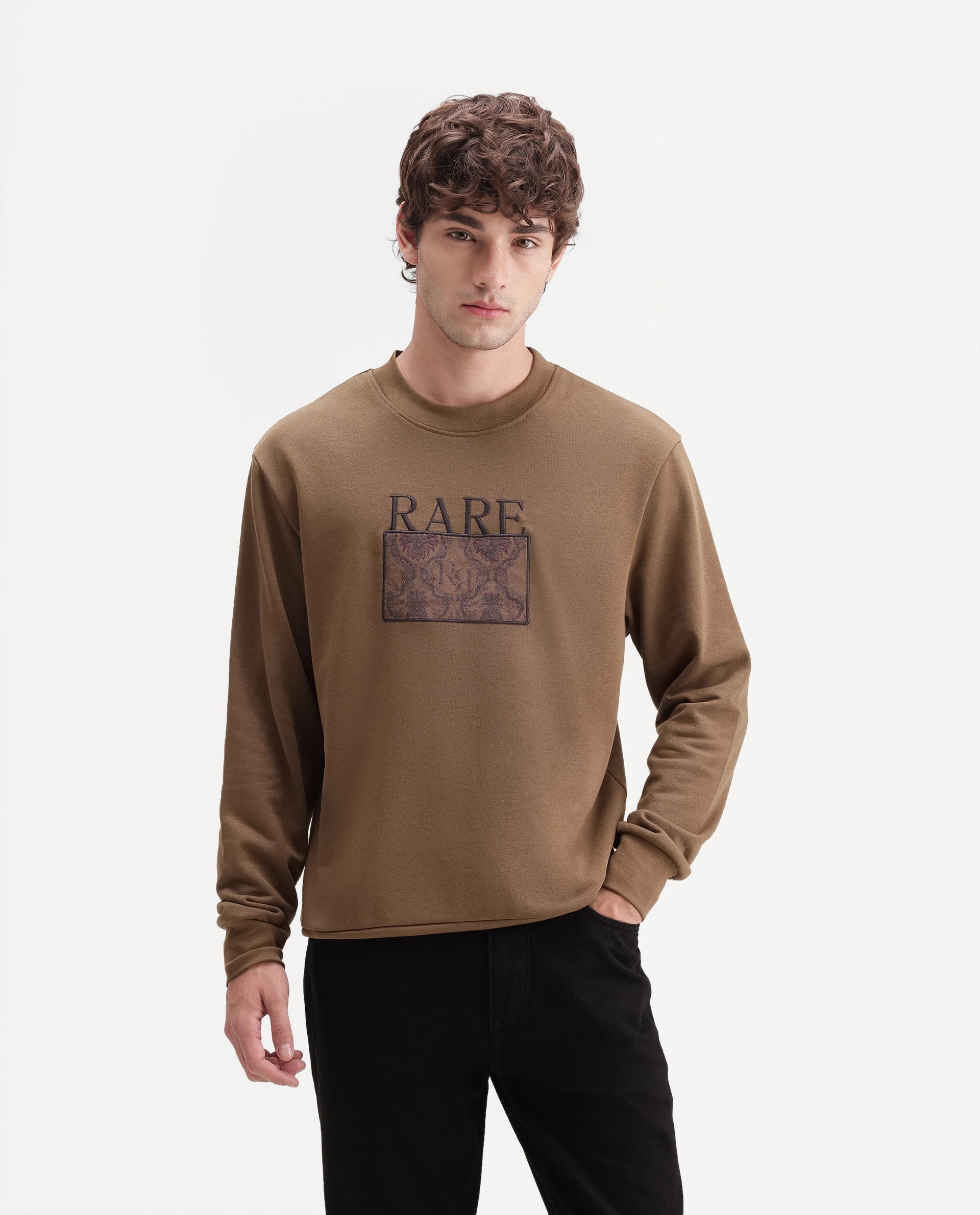 Rare Rabbit Men's Debz Dark Brown Cotton Blend Crew Neck Regular Embroidered Sweatshirt