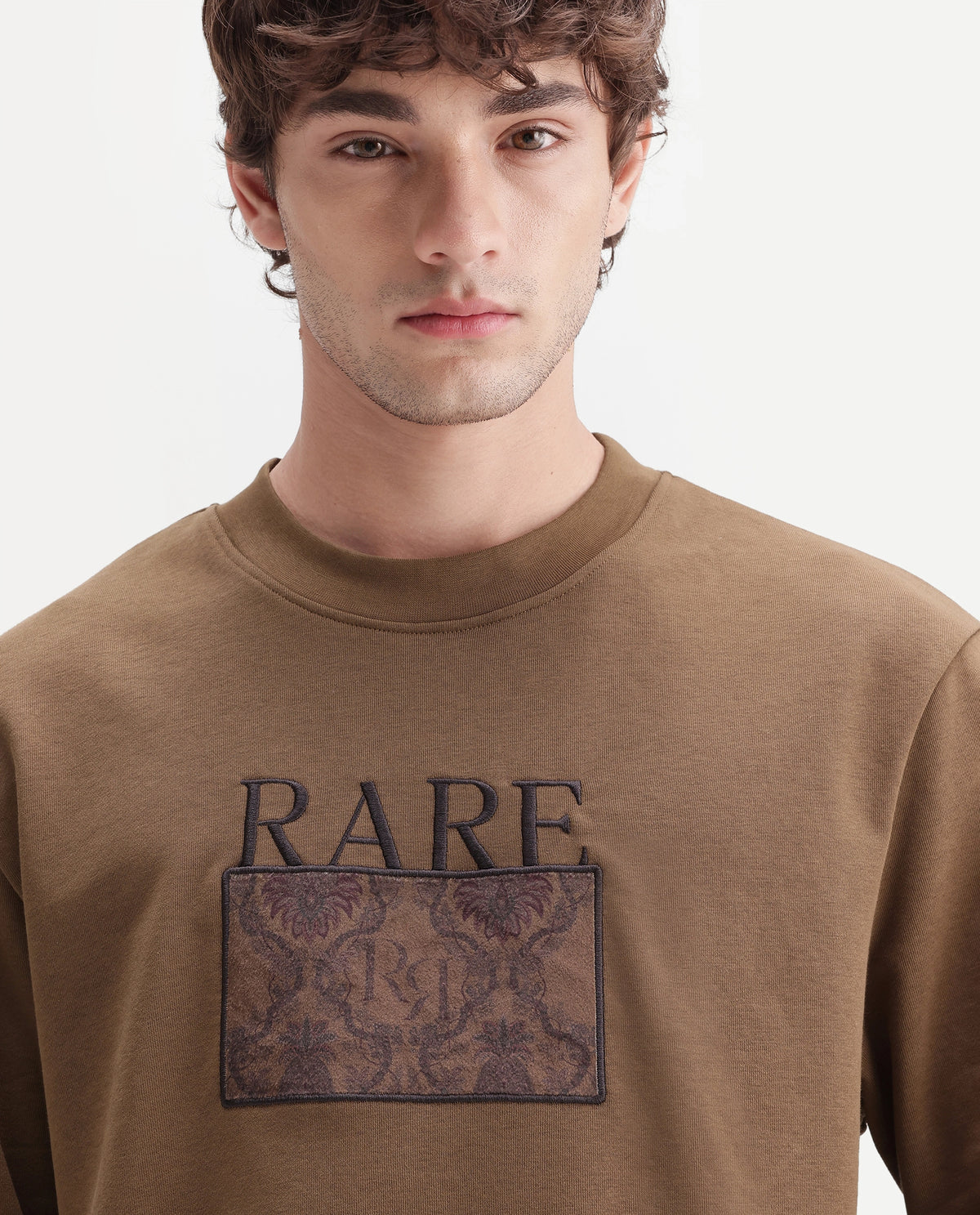 Rare Rabbit Men's Debz Dark Brown Cotton Blend Crew Neck Regular Embroidered Sweatshirt