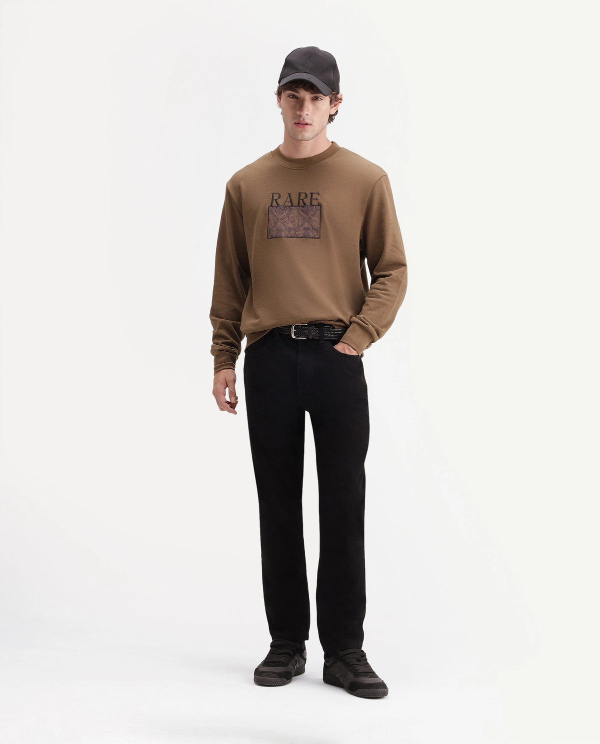 Rare Rabbit Men's Debz Dark Brown Cotton Blend Crew Neck Regular Embroidered Sweatshirt