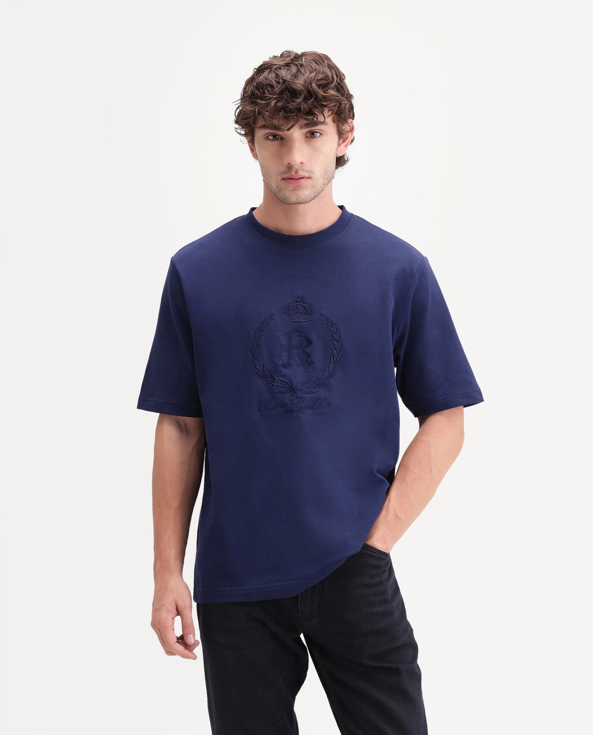 Rare Rabbit Men's Breako Dark Navy Cotton Crew Neck Barcelon Hd Print T-Shirt