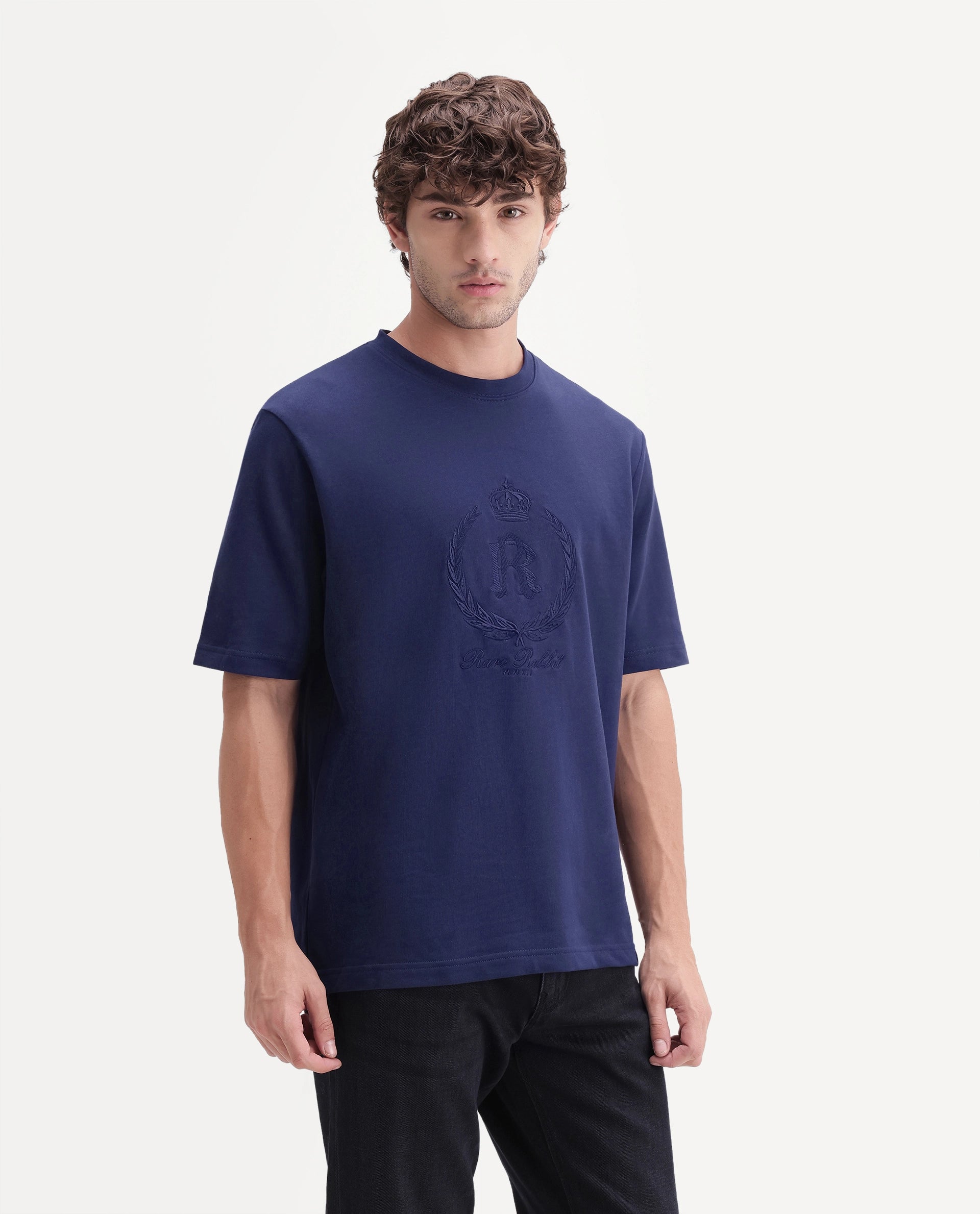 Rare Rabbit Men's Breako Dark Navy Cotton Crew Neck Barcelon Hd Print T-Shirt