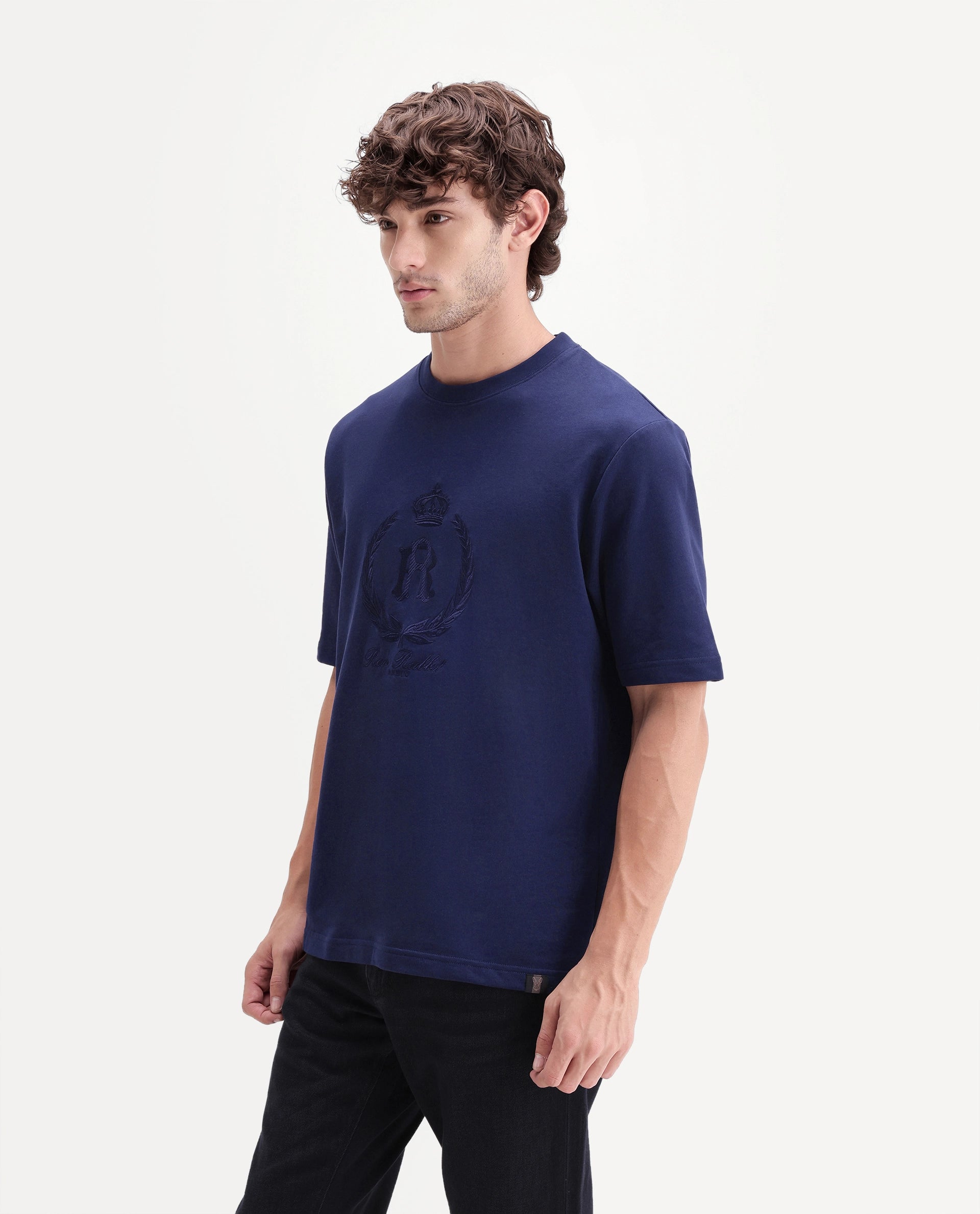 Rare Rabbit Men's Breako Dark Navy Cotton Crew Neck Barcelon Hd Print T-Shirt