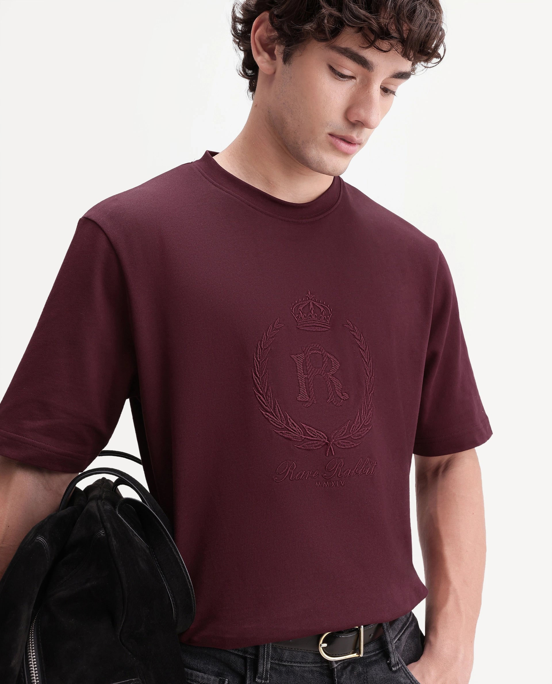 Rare Rabbit Men's Breako Dark Maroon Cotton Crew Neck Barcelon Hd Print T-Shirt