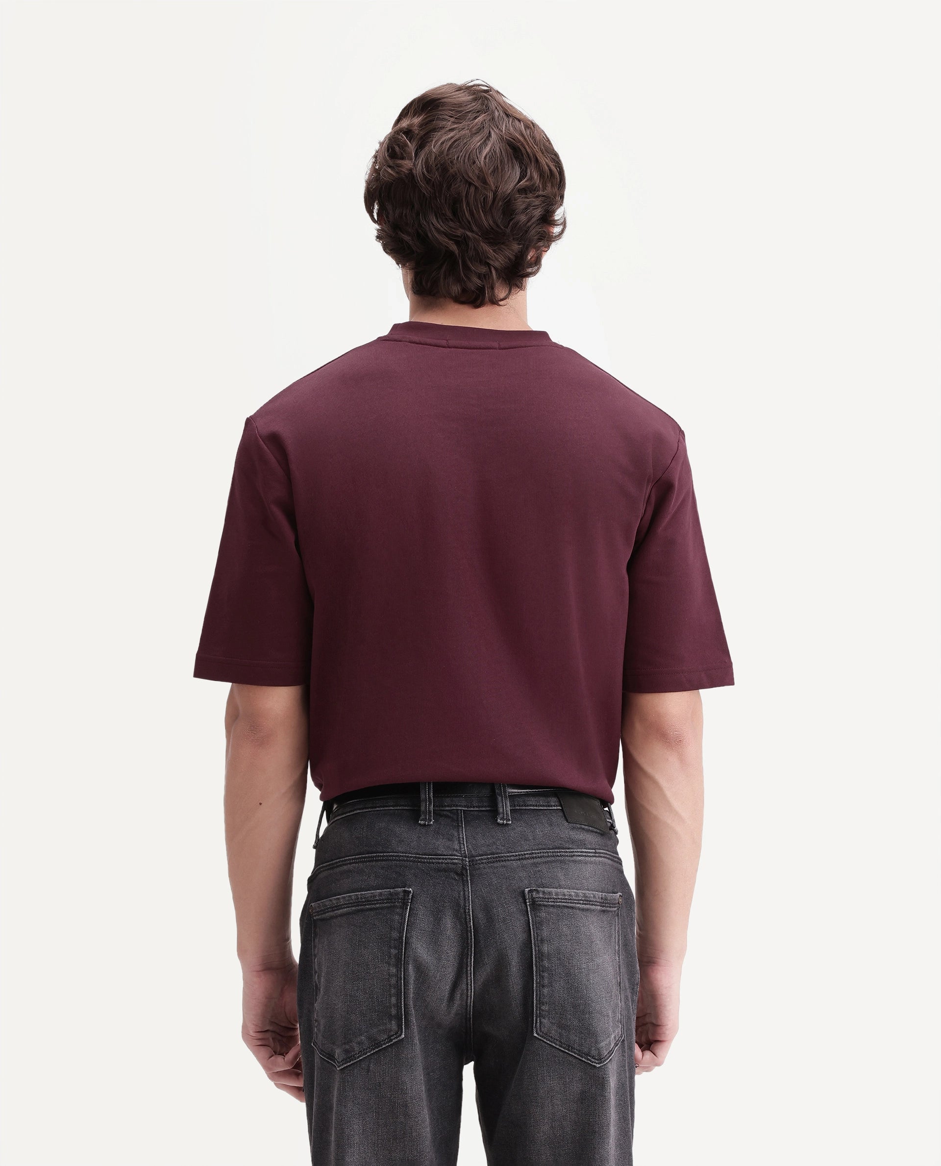 Rare Rabbit Men's Breako Dark Maroon Cotton Crew Neck Barcelon Hd Print T-Shirt