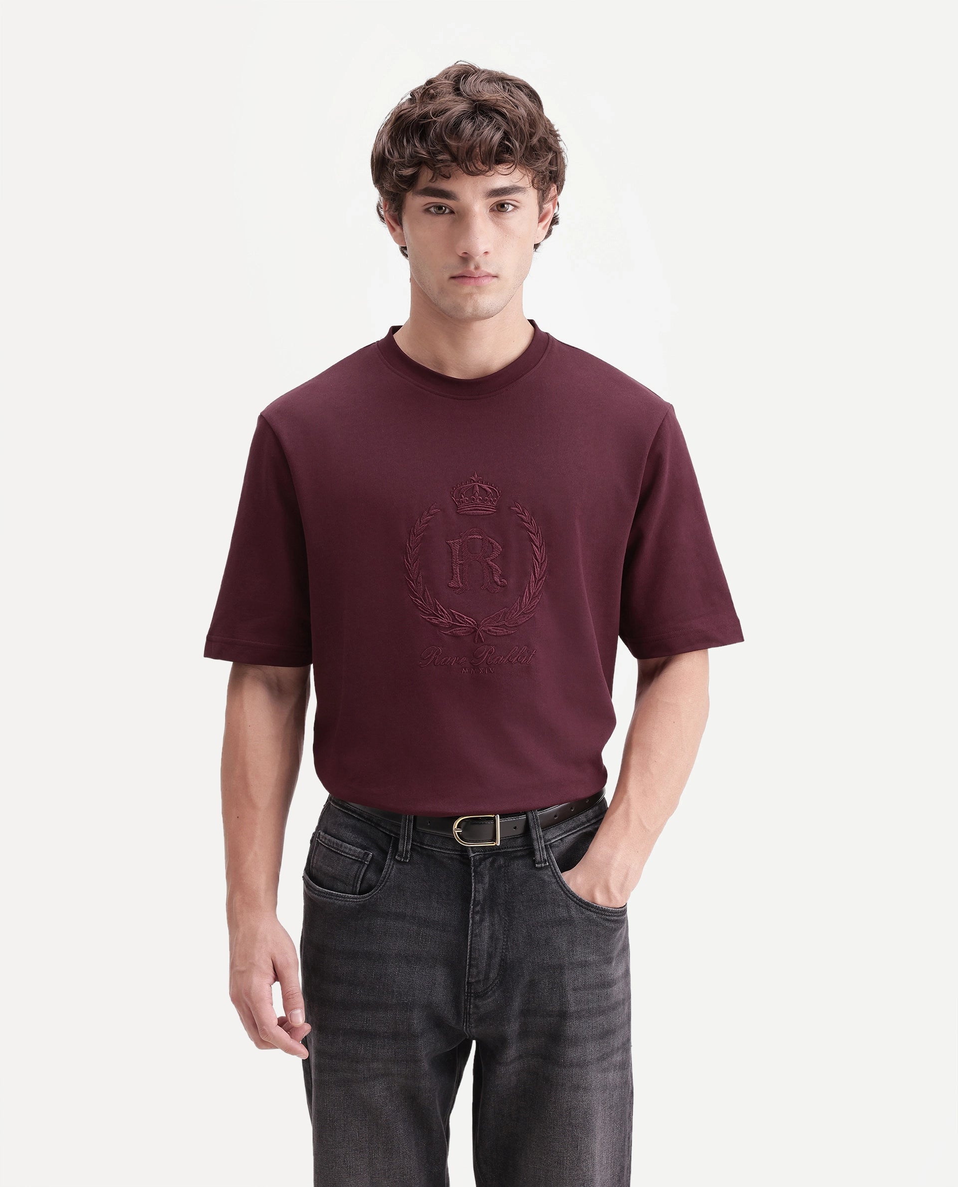 Rare Rabbit Men's Breako Dark Maroon Cotton Crew Neck Barcelon Hd Print T-Shirt