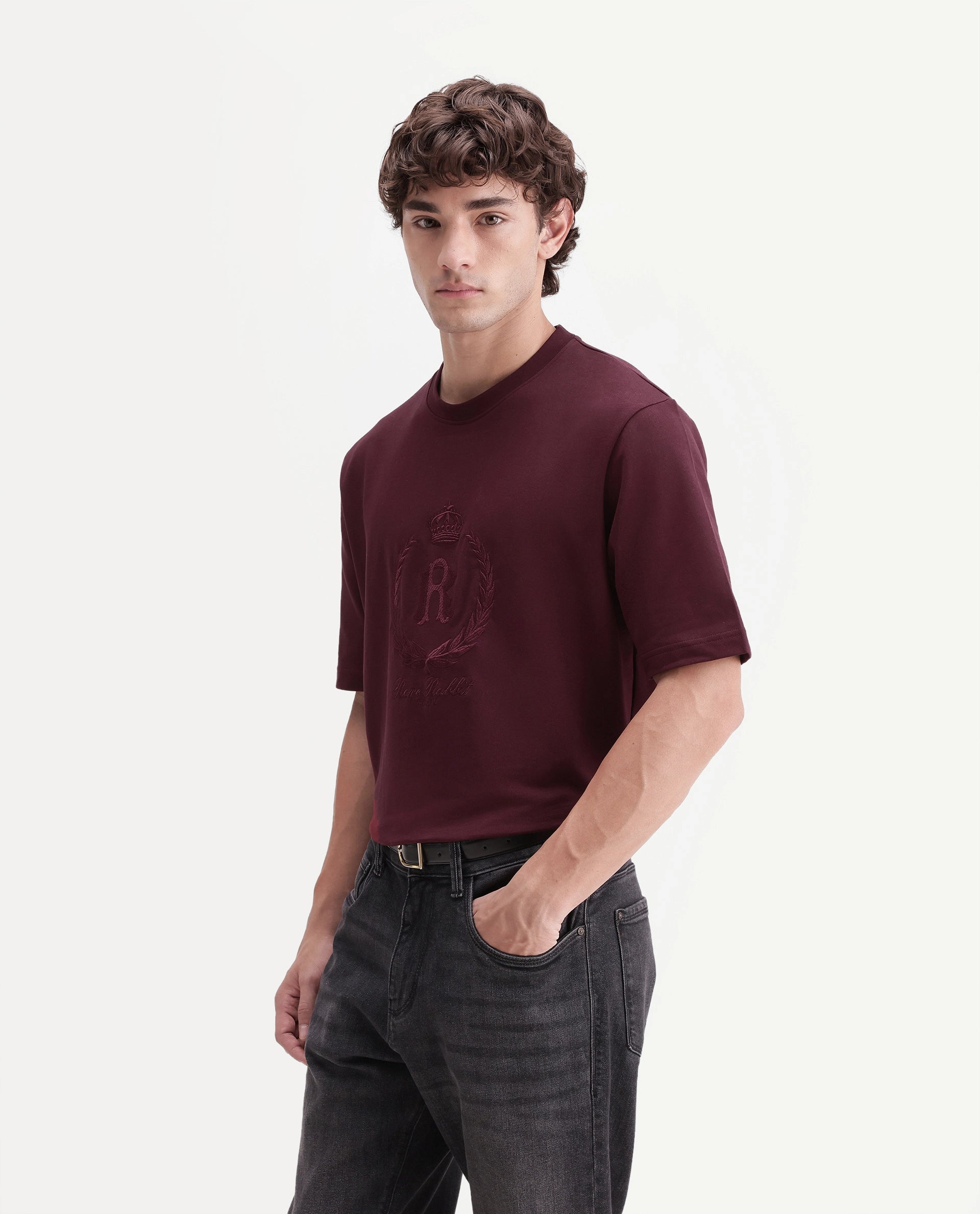 Rare Rabbit Men's Breako Dark Maroon Cotton Crew Neck Barcelon Hd Print T-Shirt