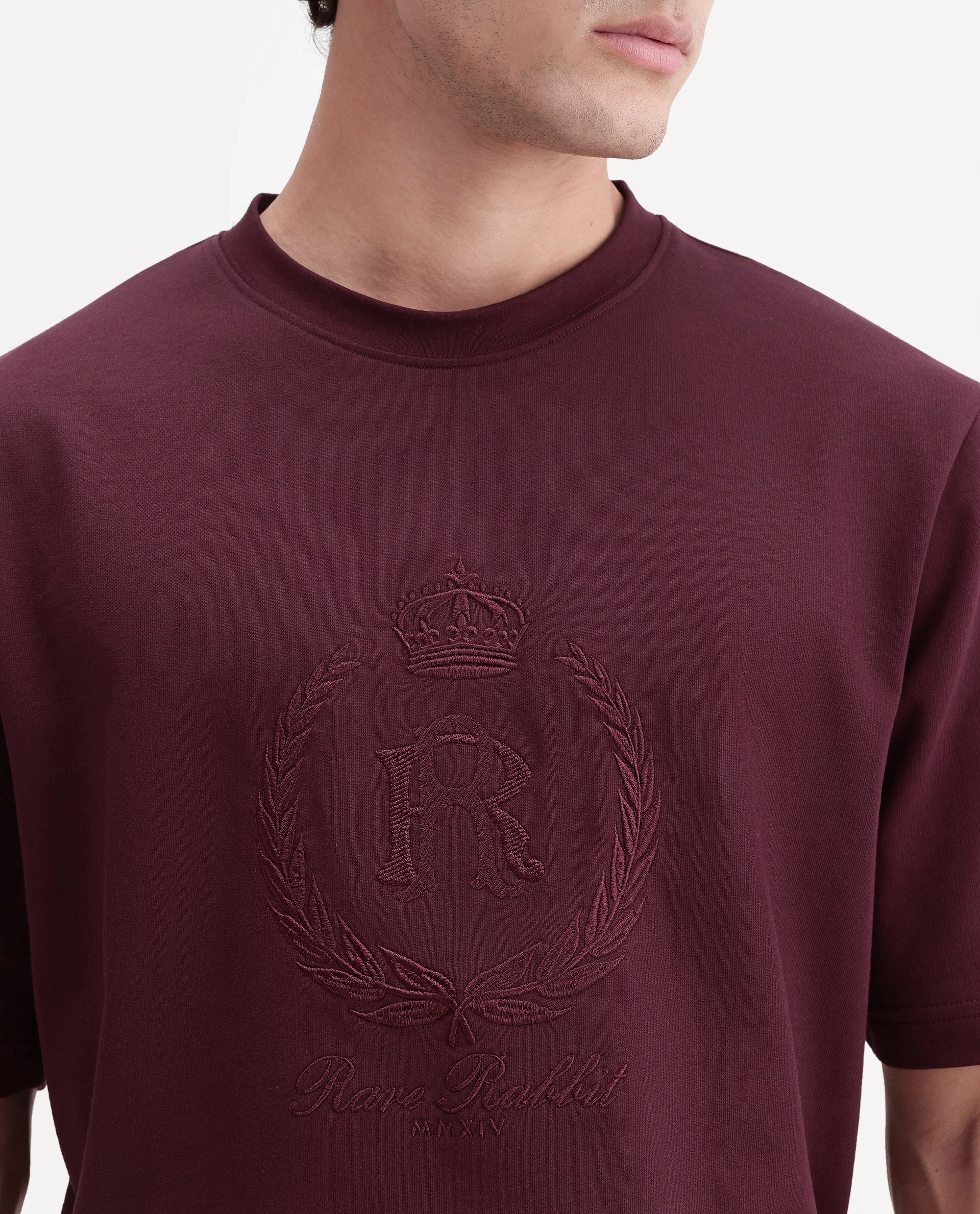Rare Rabbit Men's Breako Dark Maroon Cotton Crew Neck Barcelon Hd Print T-Shirt