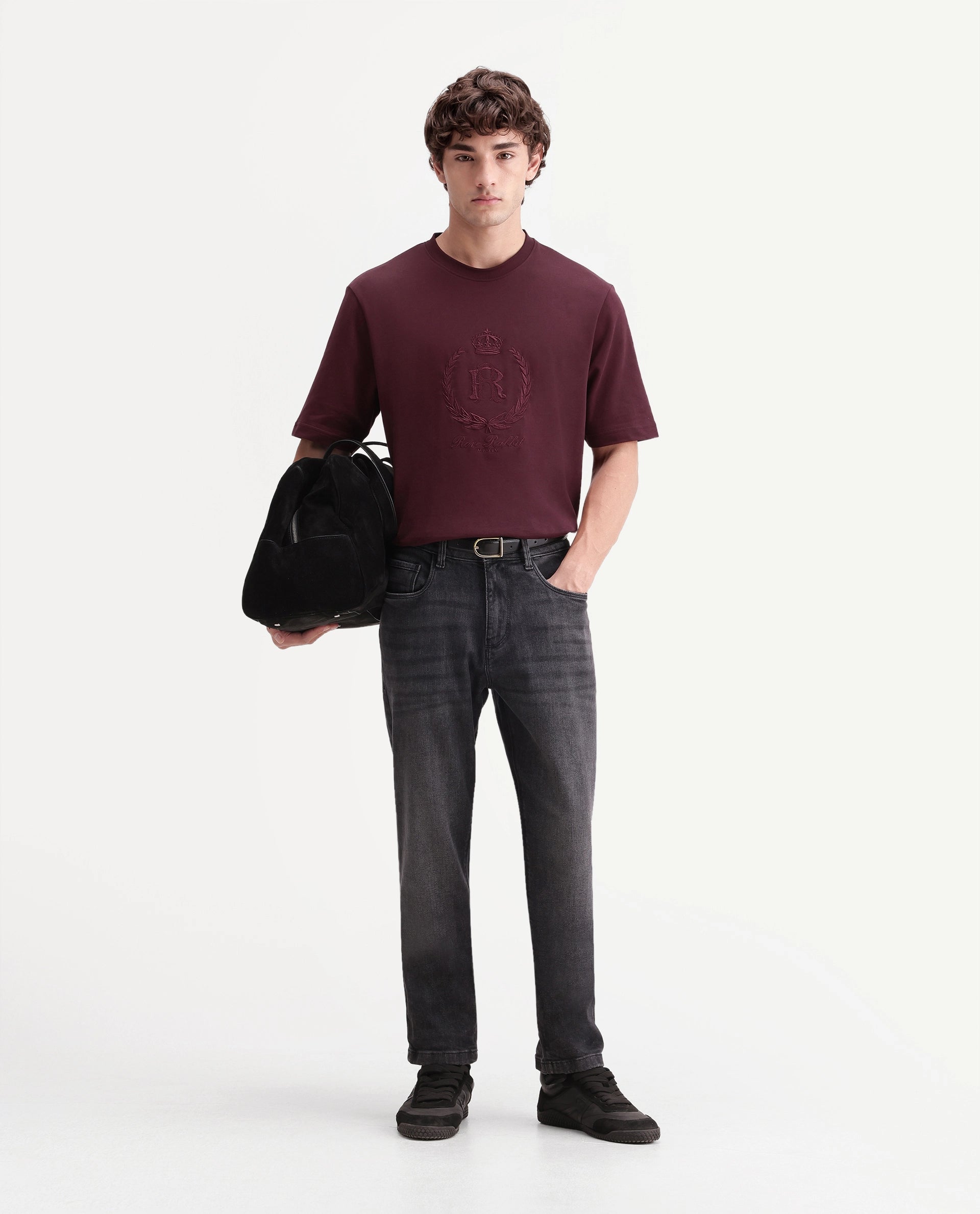 Rare Rabbit Men's Breako Dark Maroon Cotton Crew Neck Barcelon Hd Print T-Shirt