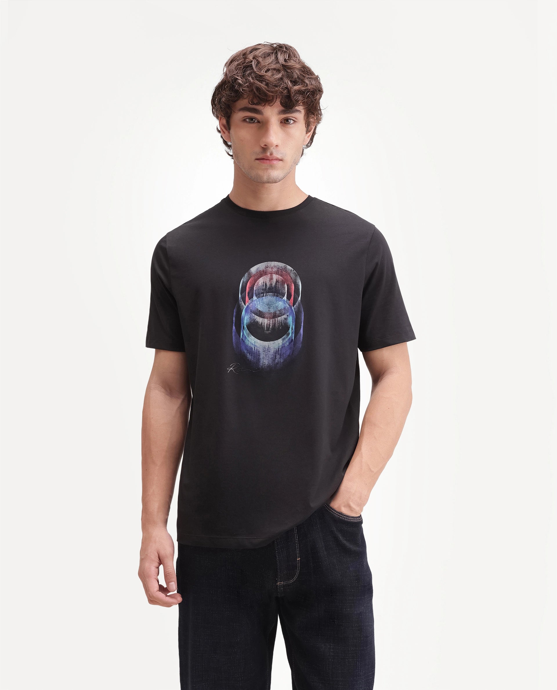 Rare Rabbit Men's Troy Black Cotton Blend Crew Neck Regular Abstract Print T-Shirt