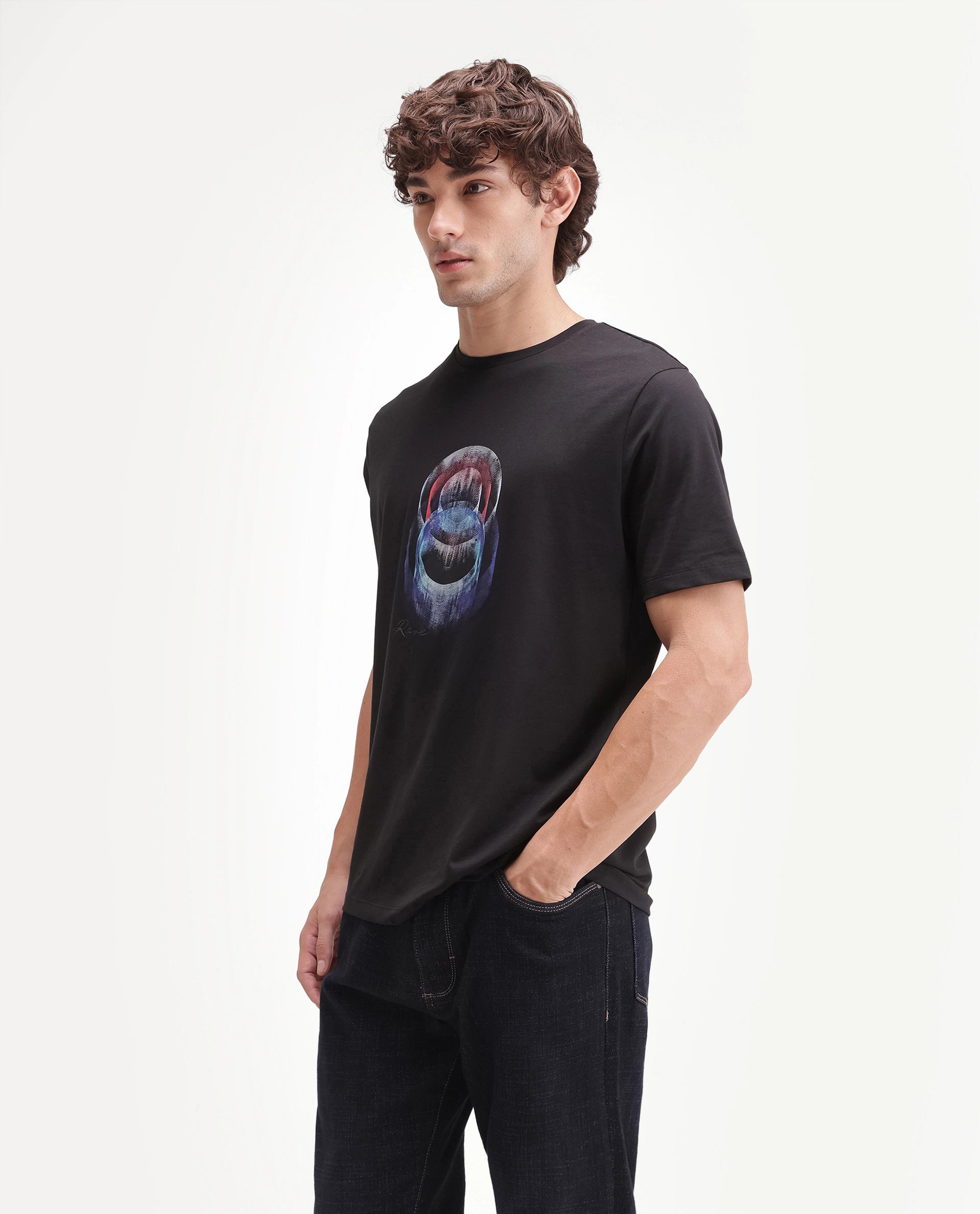 Rare Rabbit Men's Troy Black Cotton Blend Crew Neck Regular Abstract Print T-Shirt