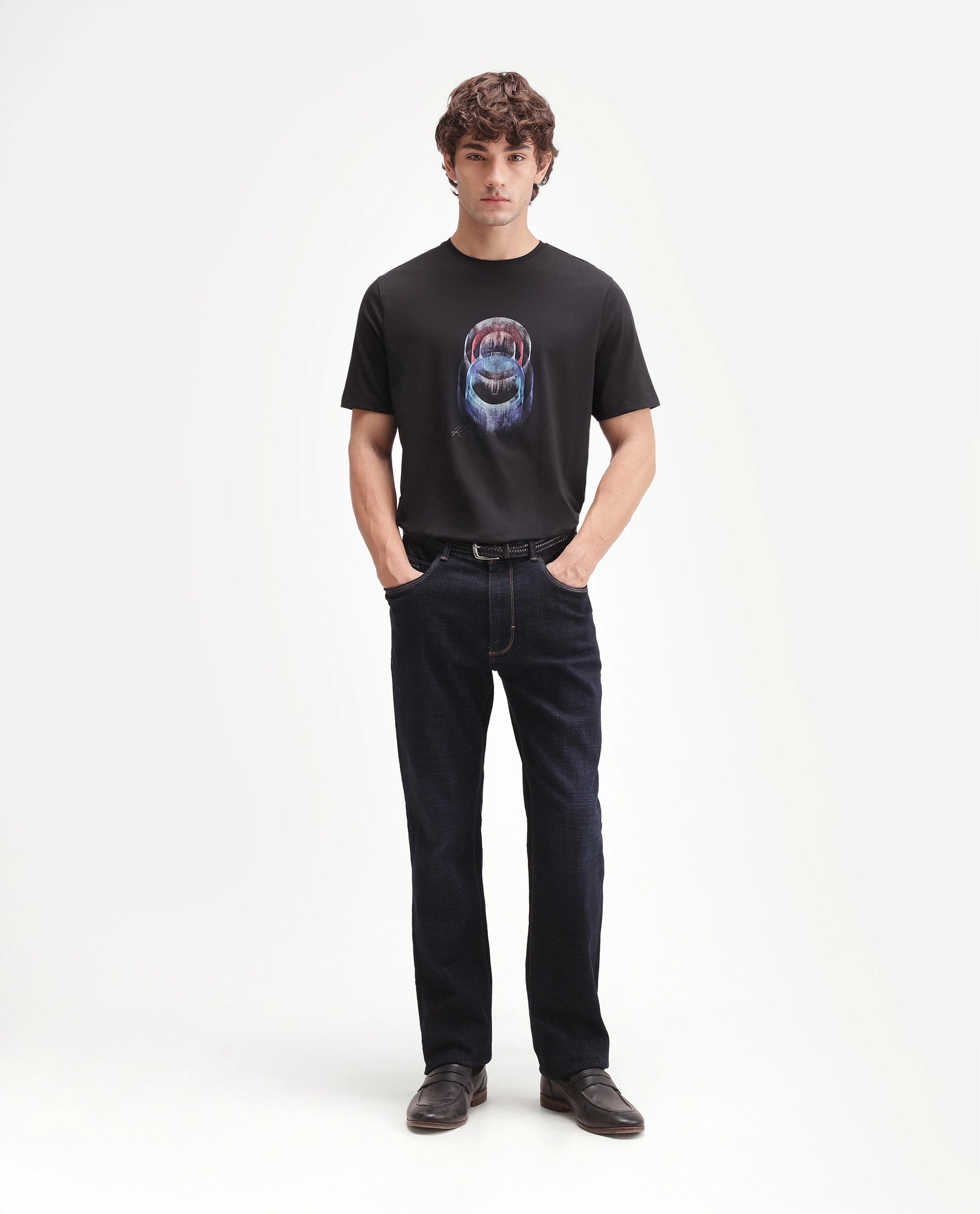 Rare Rabbit Men's Troy Black Cotton Blend Crew Neck Regular Abstract Print T-Shirt