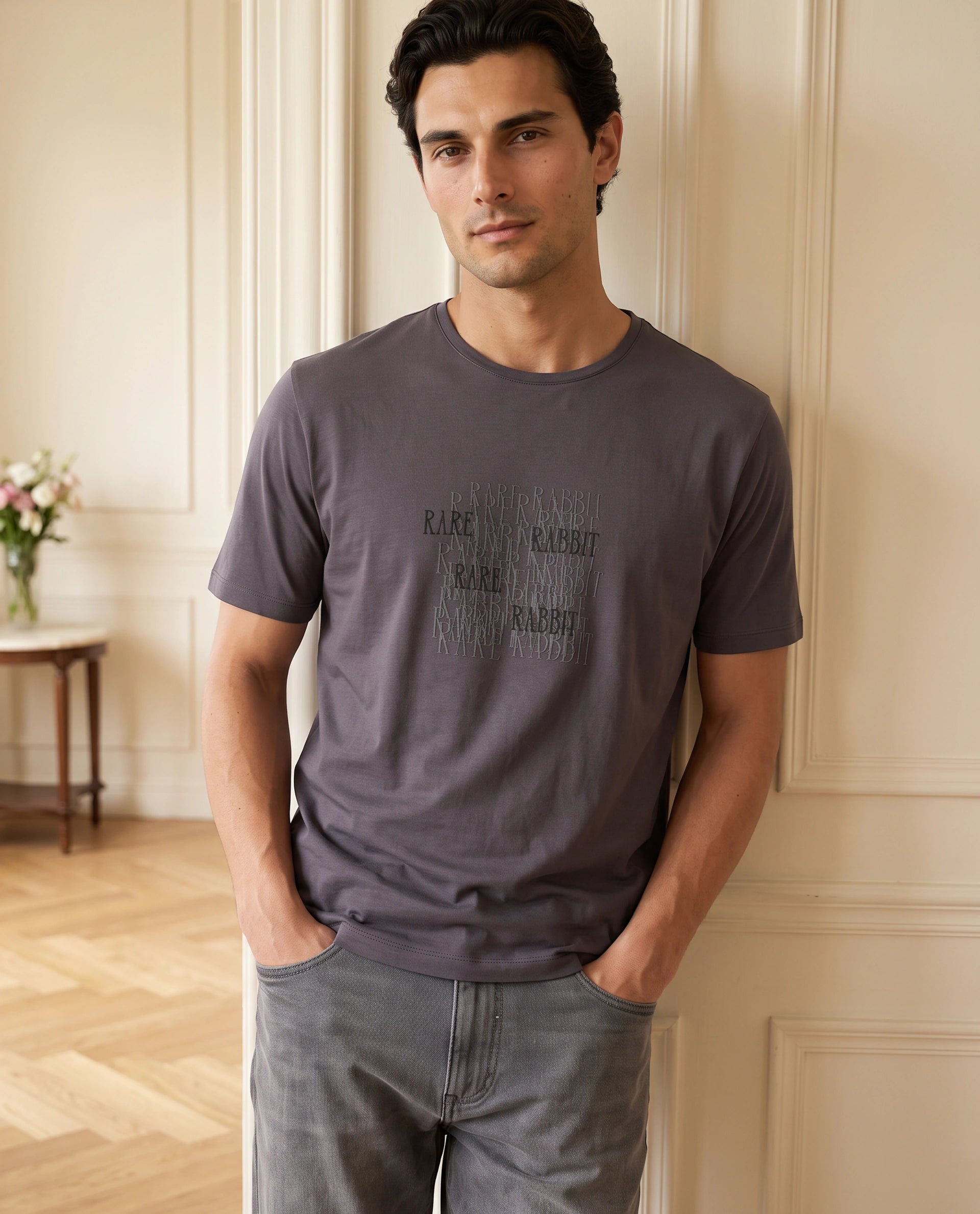 Rare Rabbit Men's Zeke Dusky Purple Cotton Blend Crew Neck Regular Hd Print T-Shirt