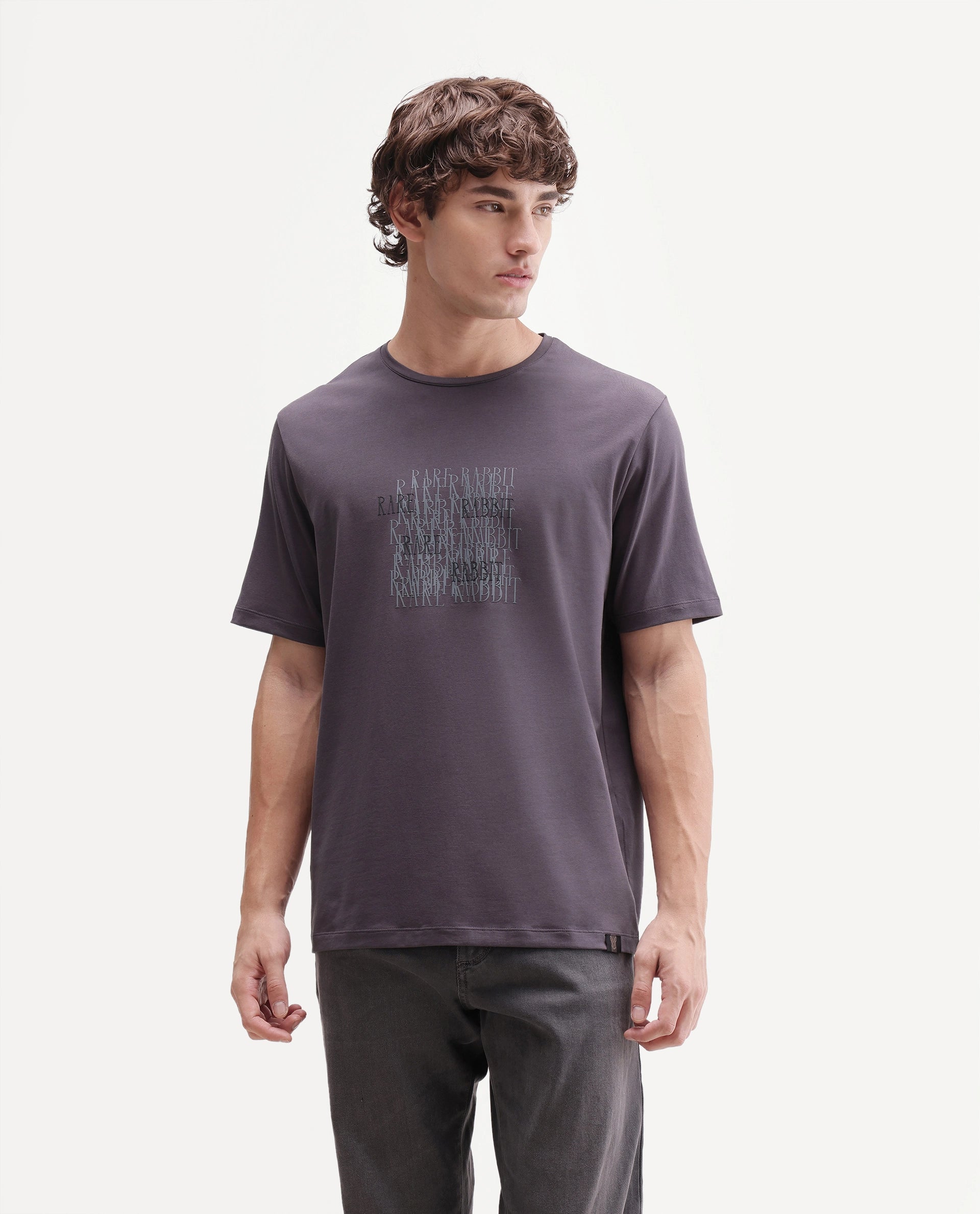 Rare Rabbit Men's Zeke Dusky Purple Cotton Blend Crew Neck Regular Hd Print T-Shirt