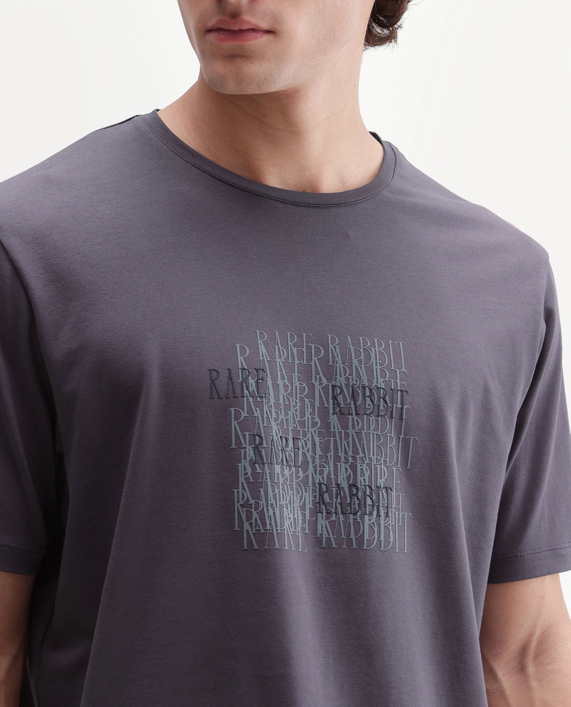 Rare Rabbit Men's Zeke Dusky Purple Cotton Blend Crew Neck Regular Hd Print T-Shirt
