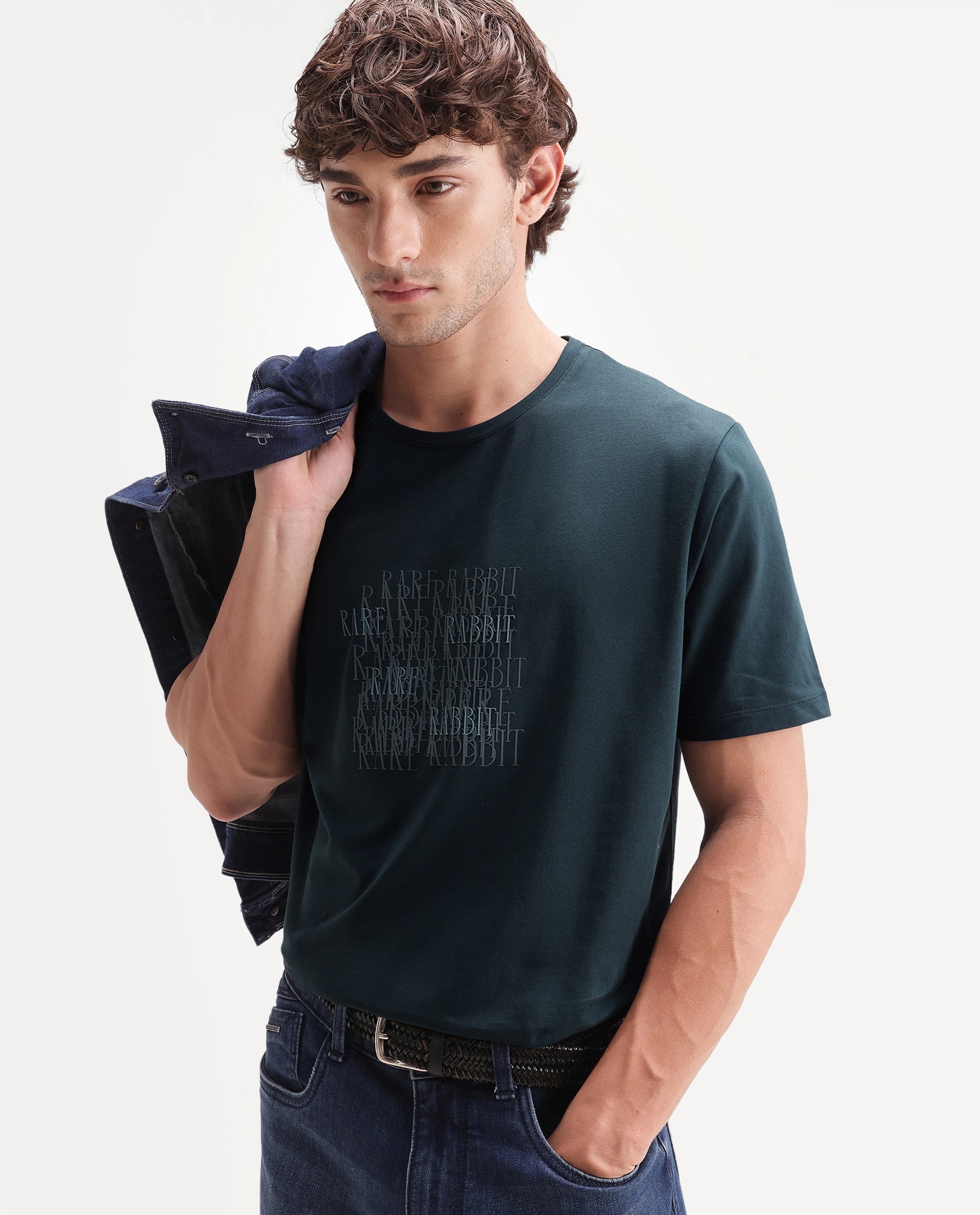 Rare Rabbit Men's Zeke Primary Teal Cotton Blend Crew Neck Regular Hd Print T-Shirt