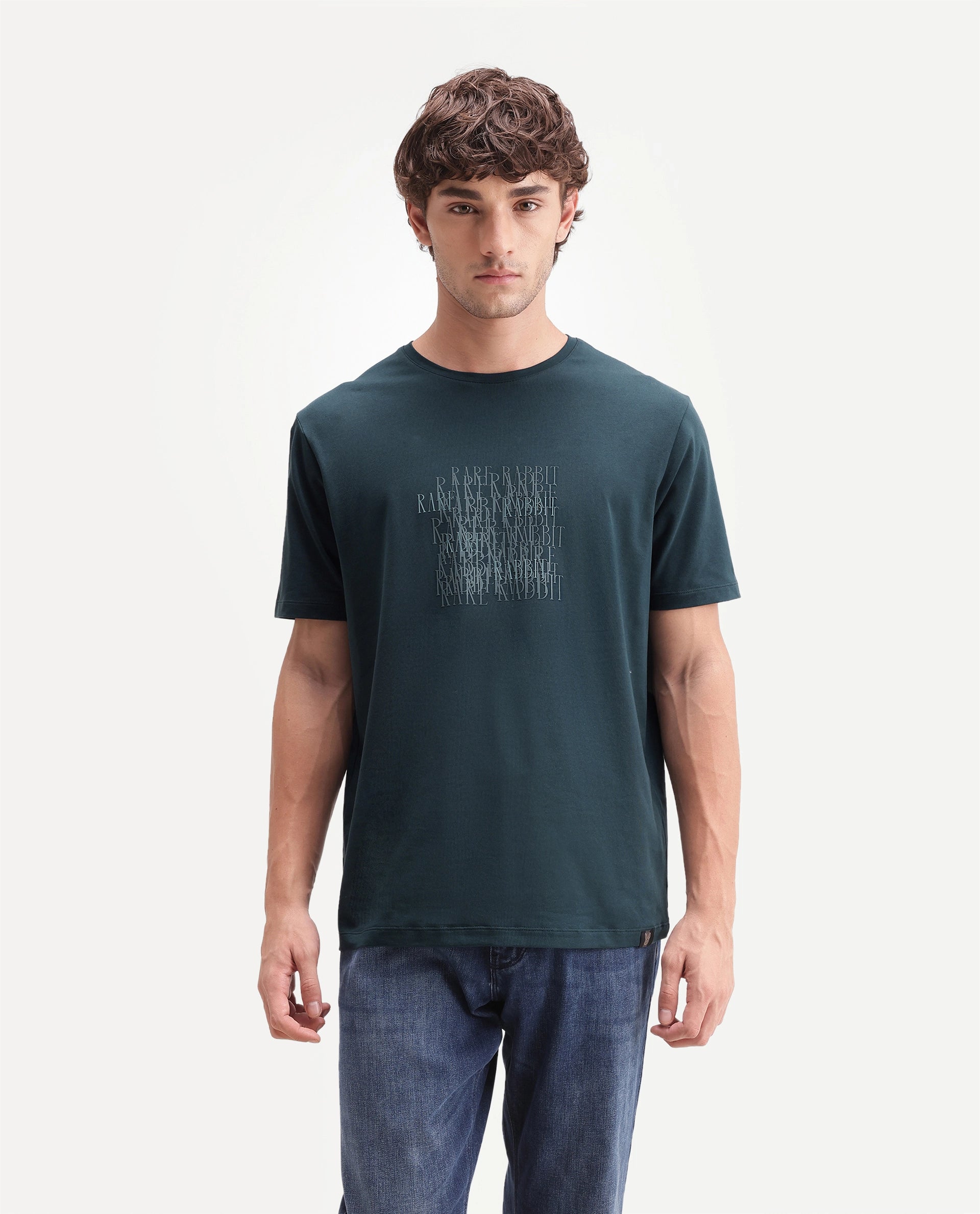 Rare Rabbit Men's Zeke Primary Teal Cotton Blend Crew Neck Regular Hd Print T-Shirt
