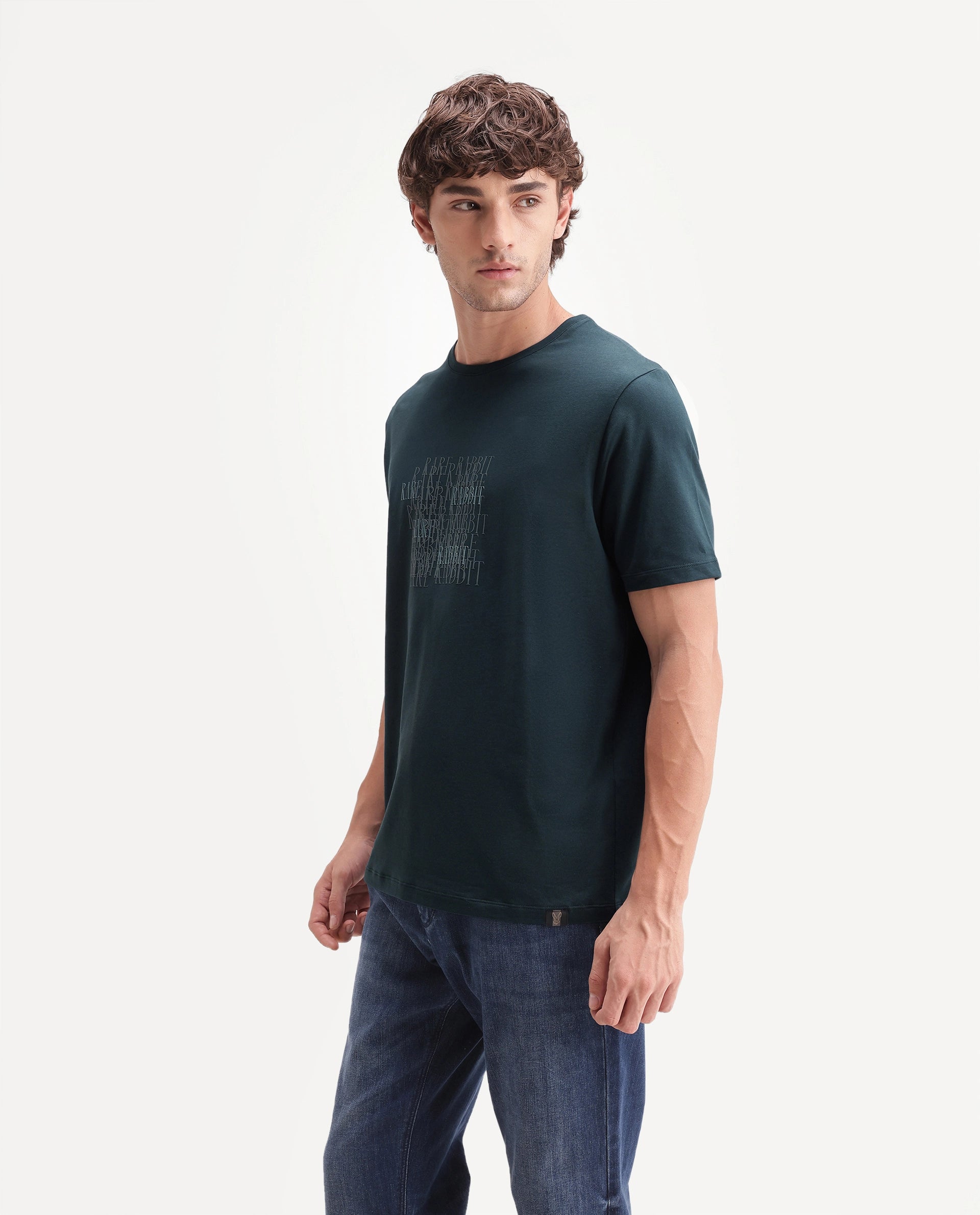 Rare Rabbit Men's Zeke Primary Teal Cotton Blend Crew Neck Regular Hd Print T-Shirt