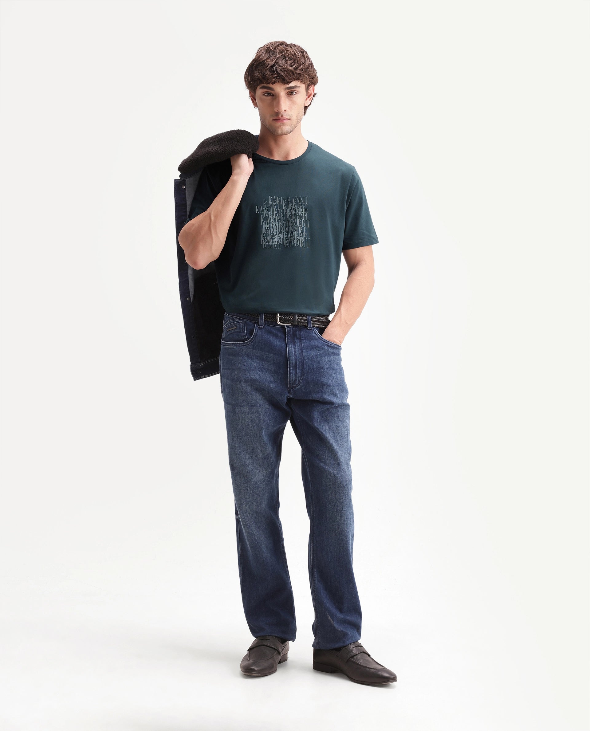 Rare Rabbit Men's Zeke Primary Teal Cotton Blend Crew Neck Regular Hd Print T-Shirt